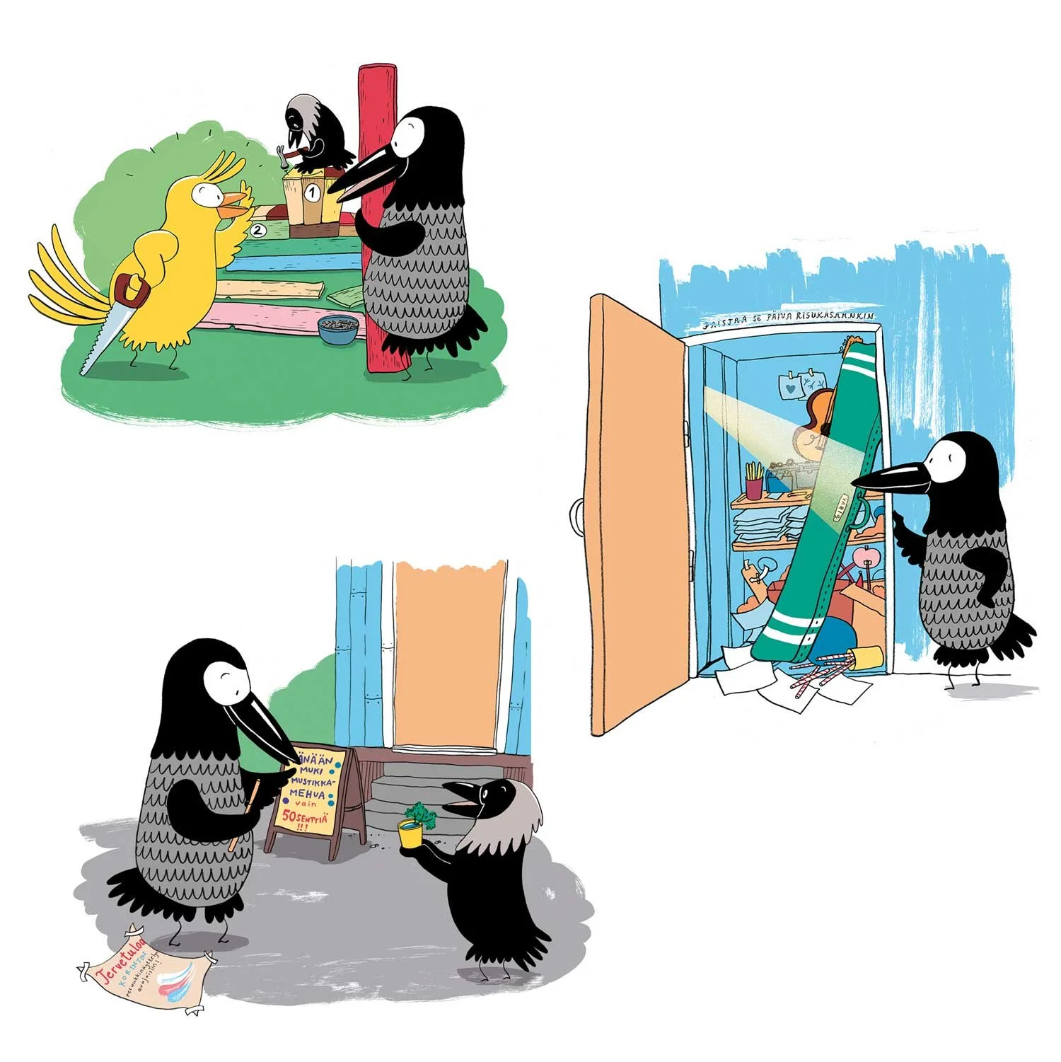 Kuvitusta kirjaan Huomaa hyvä! Vahvuusvariksen tarinakirja. PS-kustannus 2021.