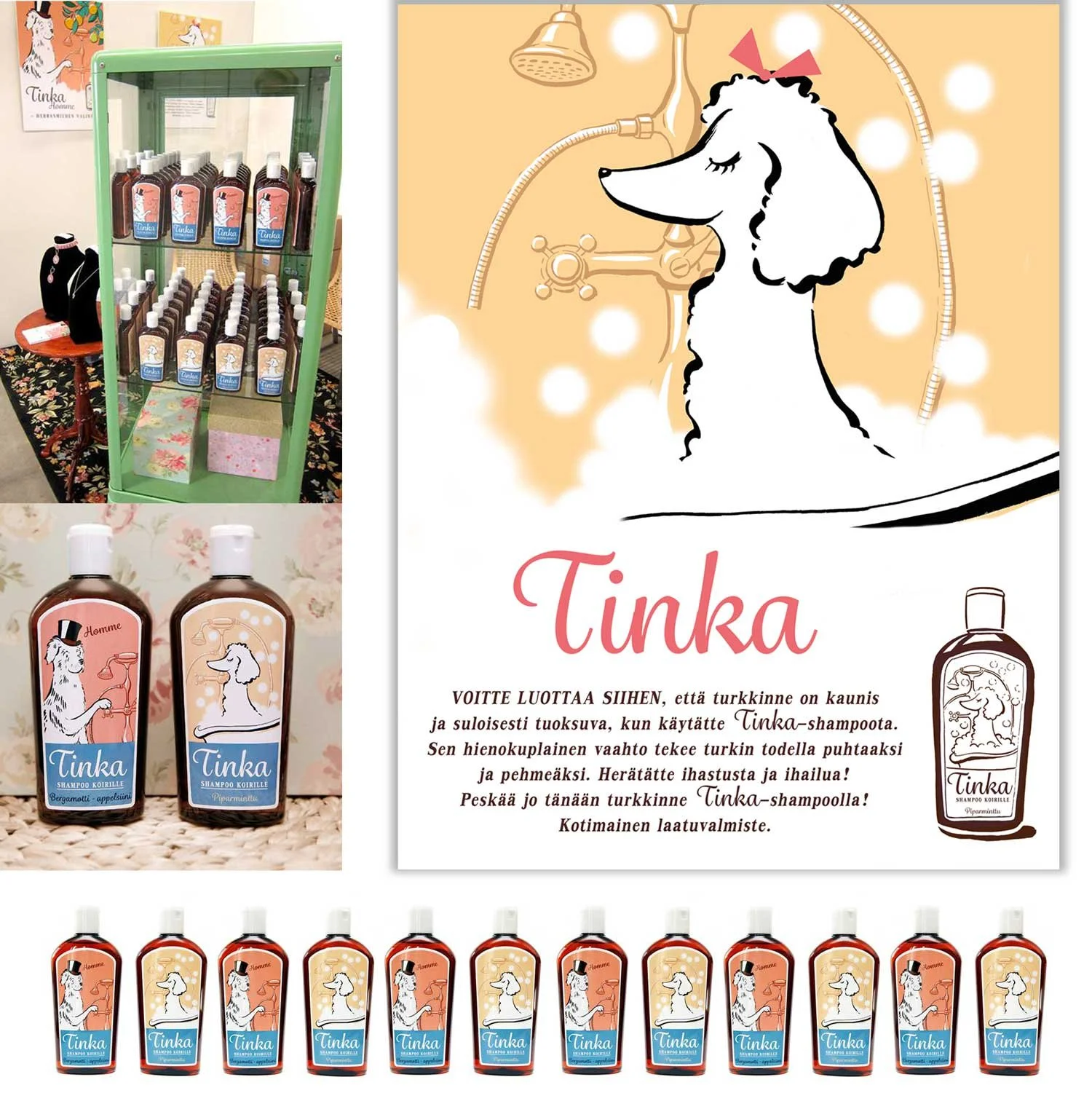 Käsin piirretty merkki ja sarjan visuaalinen ilme Tinka-tuoteperheelle.