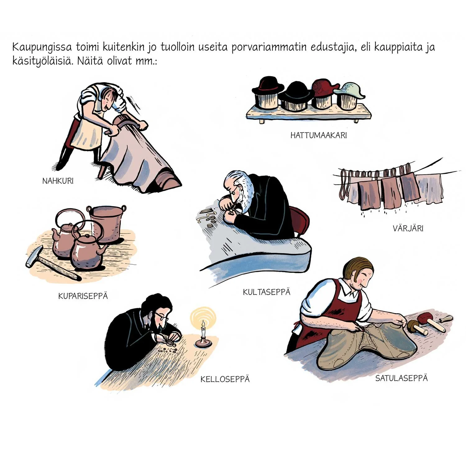 Näytesivu kirjasta Jyväskylä – kylästä kaupungiksi. Sarjakuva Jyväskylän kaupungin perustamisesta. Keski-Suomen museo 2021.