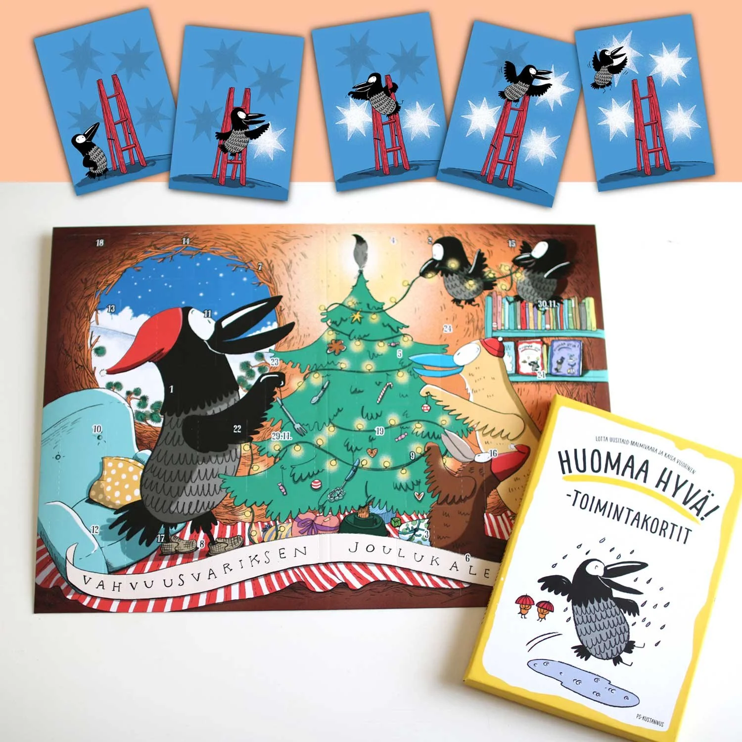 Kuvitusta Huomaa hyvä! -⁠materiaaliin. PS-kustannus ja Positive Learning.