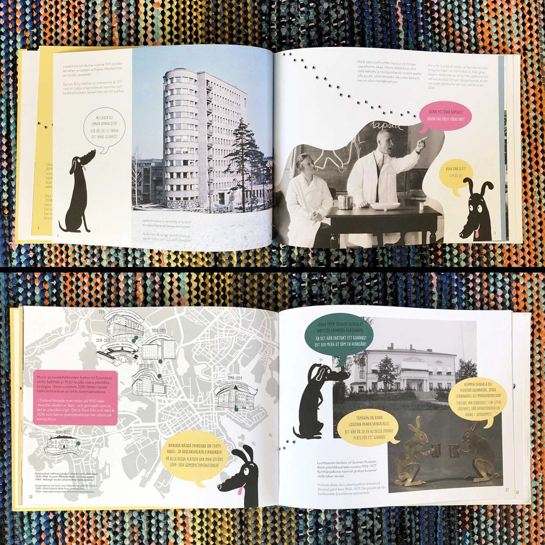 Graafinen suunnittelu, taitto ja kuvitukset Mutte-museokoira ja lasten omat sairaalat -⁠kirjaan. HUS museotomikunta 2021.