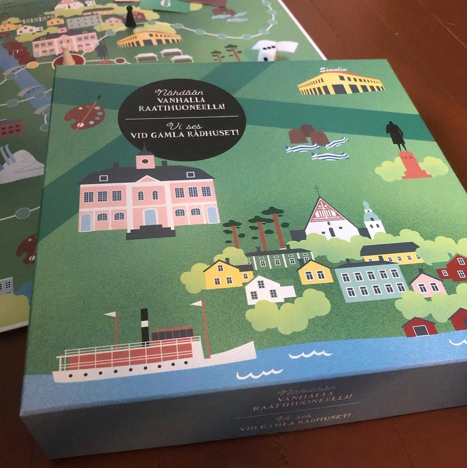 Lautapeligrafiikka Porvoo-peliin: Nähdään Vanhalla Raatihuoneella! Pepitum 2021