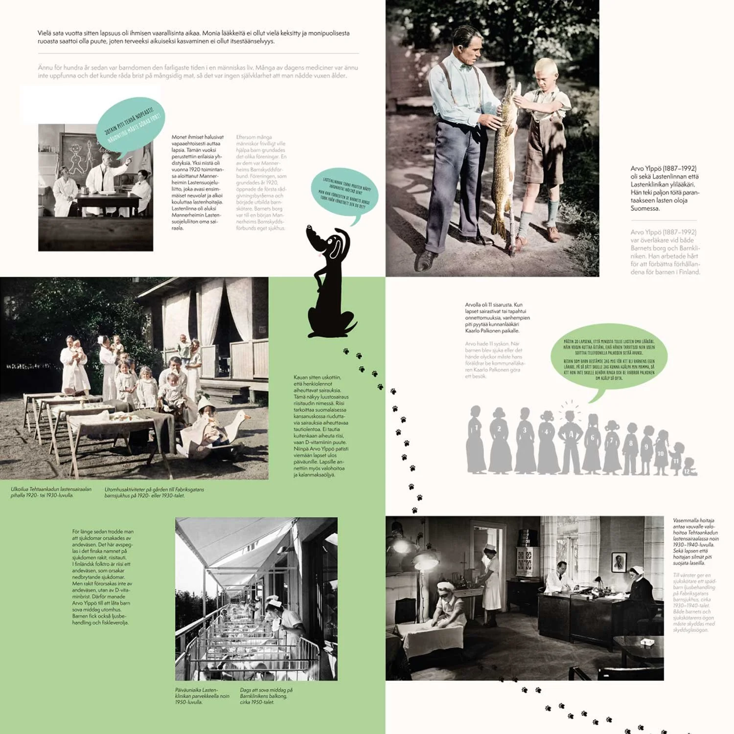 Graafinen suunnittelu, taitto ja kuvitukset Lasten sairaanhoidon historia -⁠näyttelyyn. Uusi lastensairaala 2020.