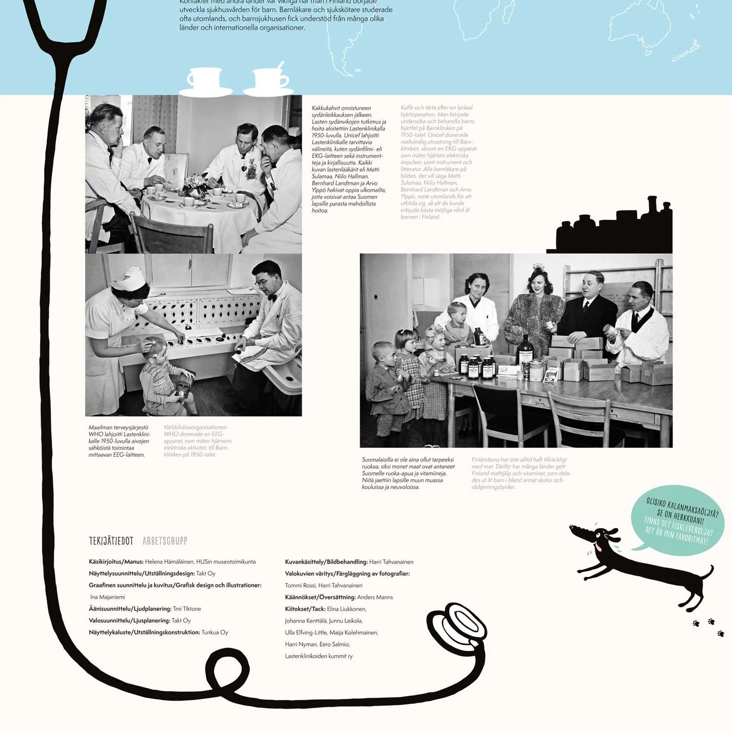 Graafinen suunnittelu, taitto ja kuvitukset Lasten sairaanhoidon historia -⁠näyttelyyn. Uusi lastensairaala 2020.