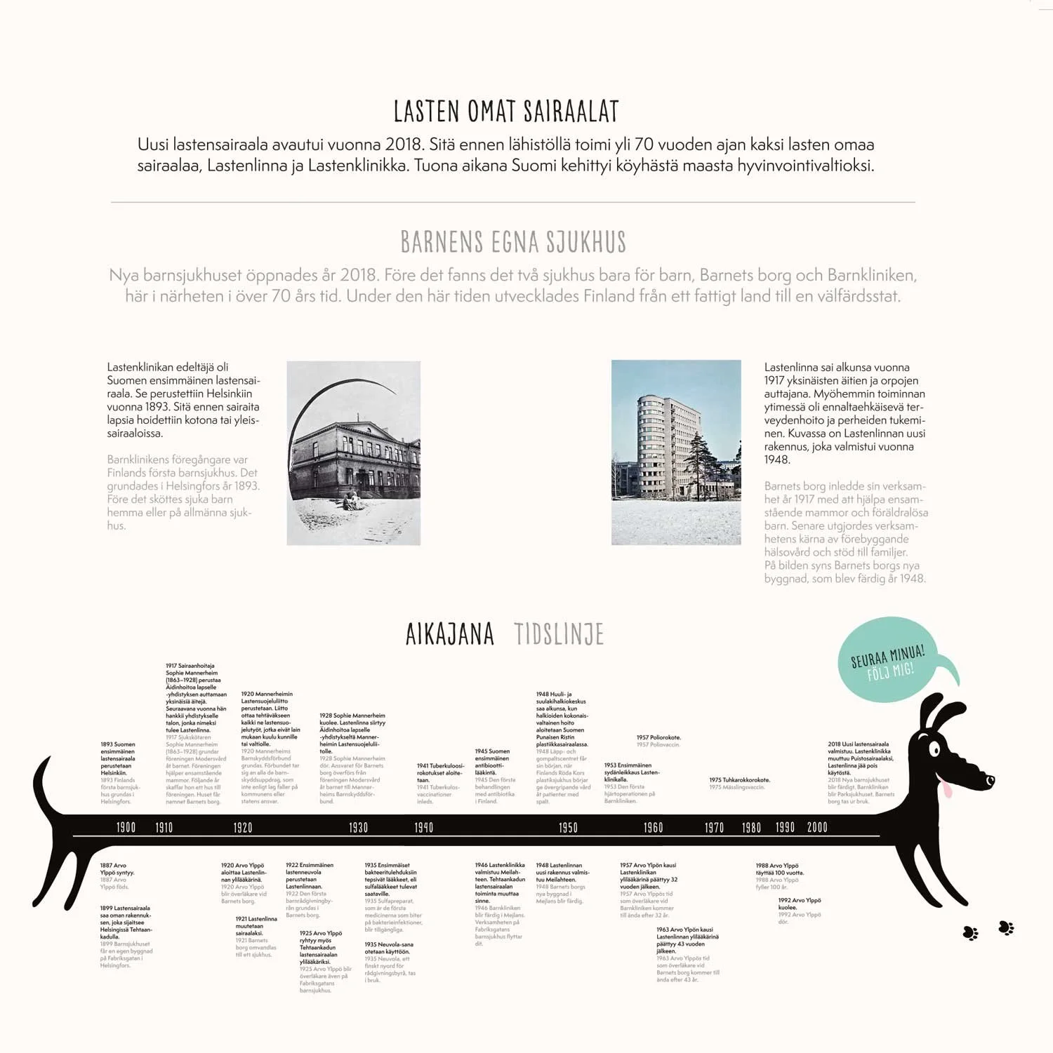 Graafinen suunnittelu, taitto ja kuvitukset Lasten sairaanhoidon historia -⁠näyttelyyn. Uusi lastensairaala 2020.