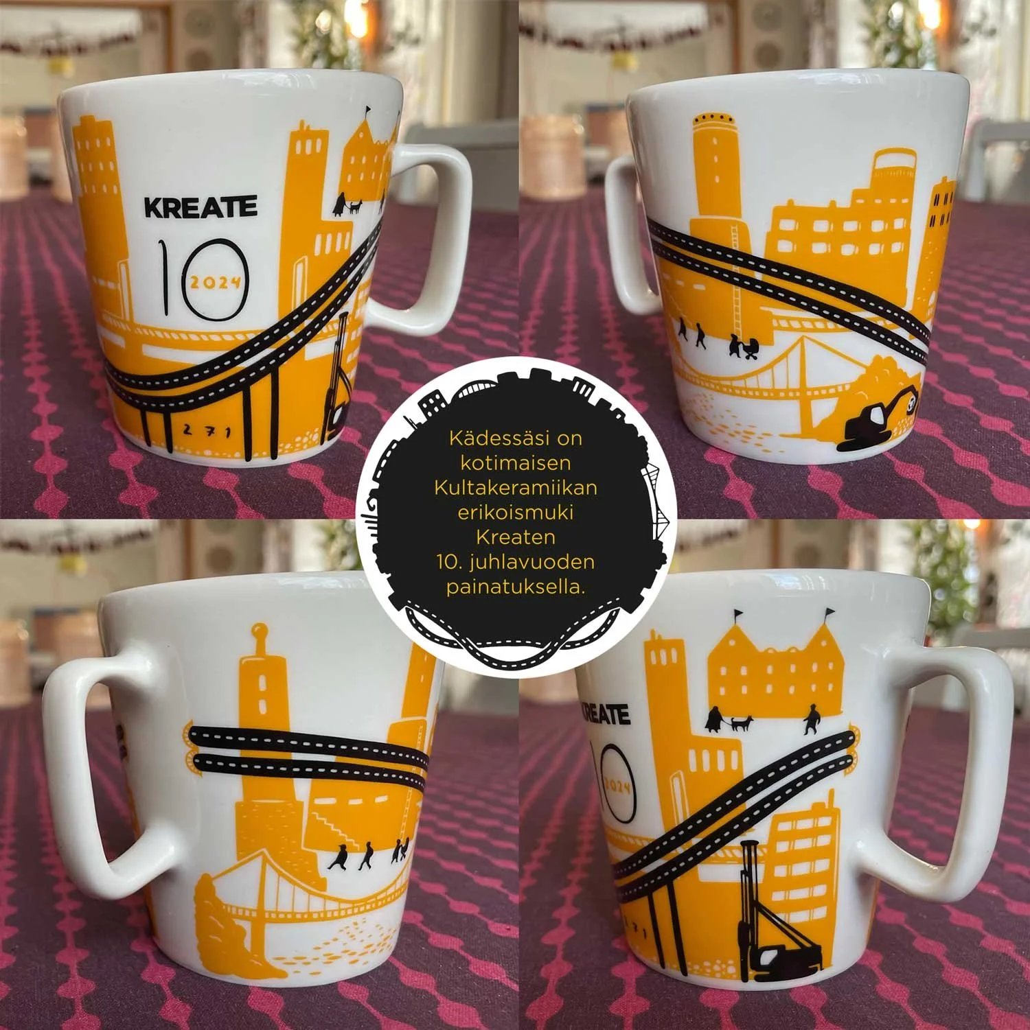 Mukikuvitus Kreate 10 v. -juhlamukiin ja kuvitettu pakkaustarra. Kreate 2024.