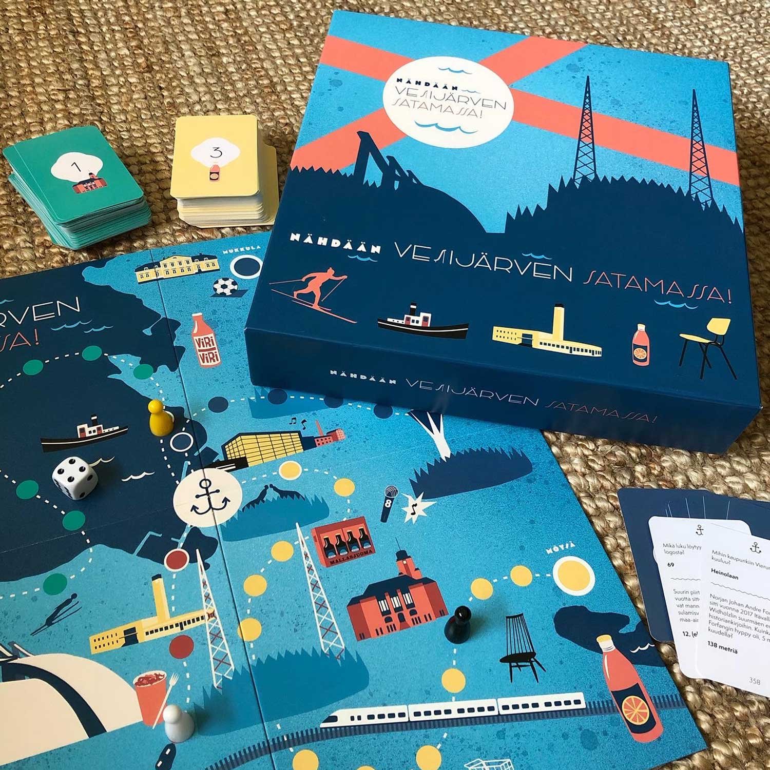 Lautapeligrafiikka Lahti-peliin: Nähdään Vesijärven satamassa! Pepitum 2022.