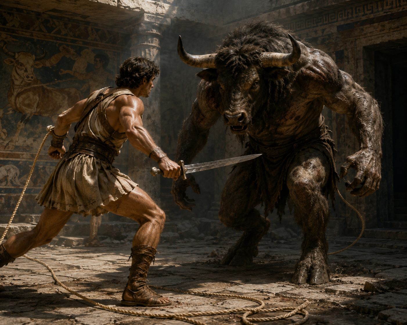 Artistic depiction of Theseus confronting the Minotaur in the labyrinth, inspired by the myths associated with Knossos and Minoan Crete.