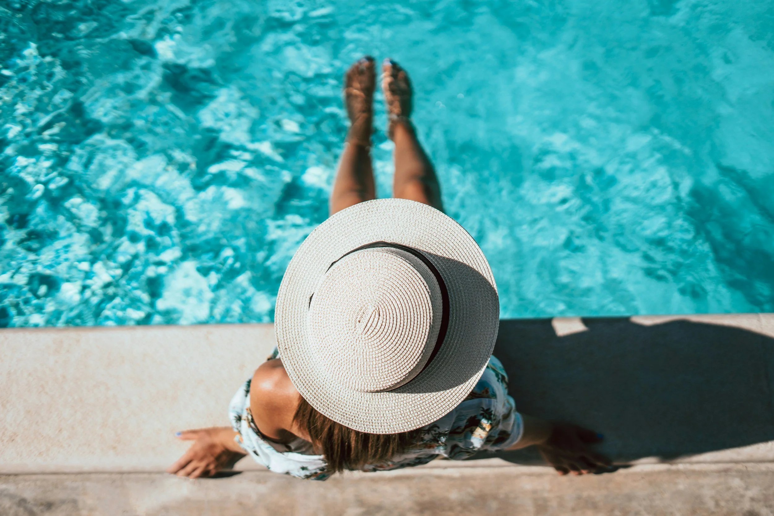 Lady in a pool in a Holiday home in south Crete in a villa near Matala and Triopetra. Rethymno, Chania, Heraklion