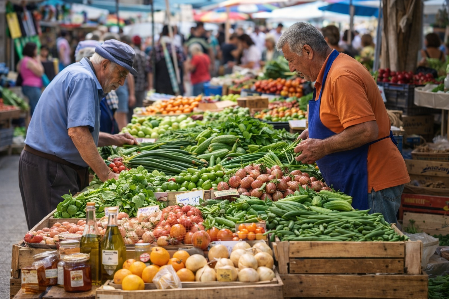 Älterer Mann kauft Gemüse an einem Marktstand auf dem Wochenmarkt in Timbaki in Südkreta