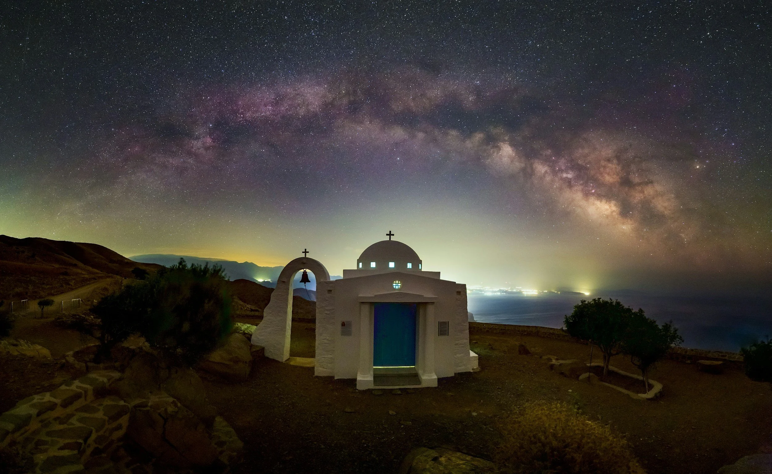 The Church of Analipsi near the mountain village Melambes, Crete, by night.