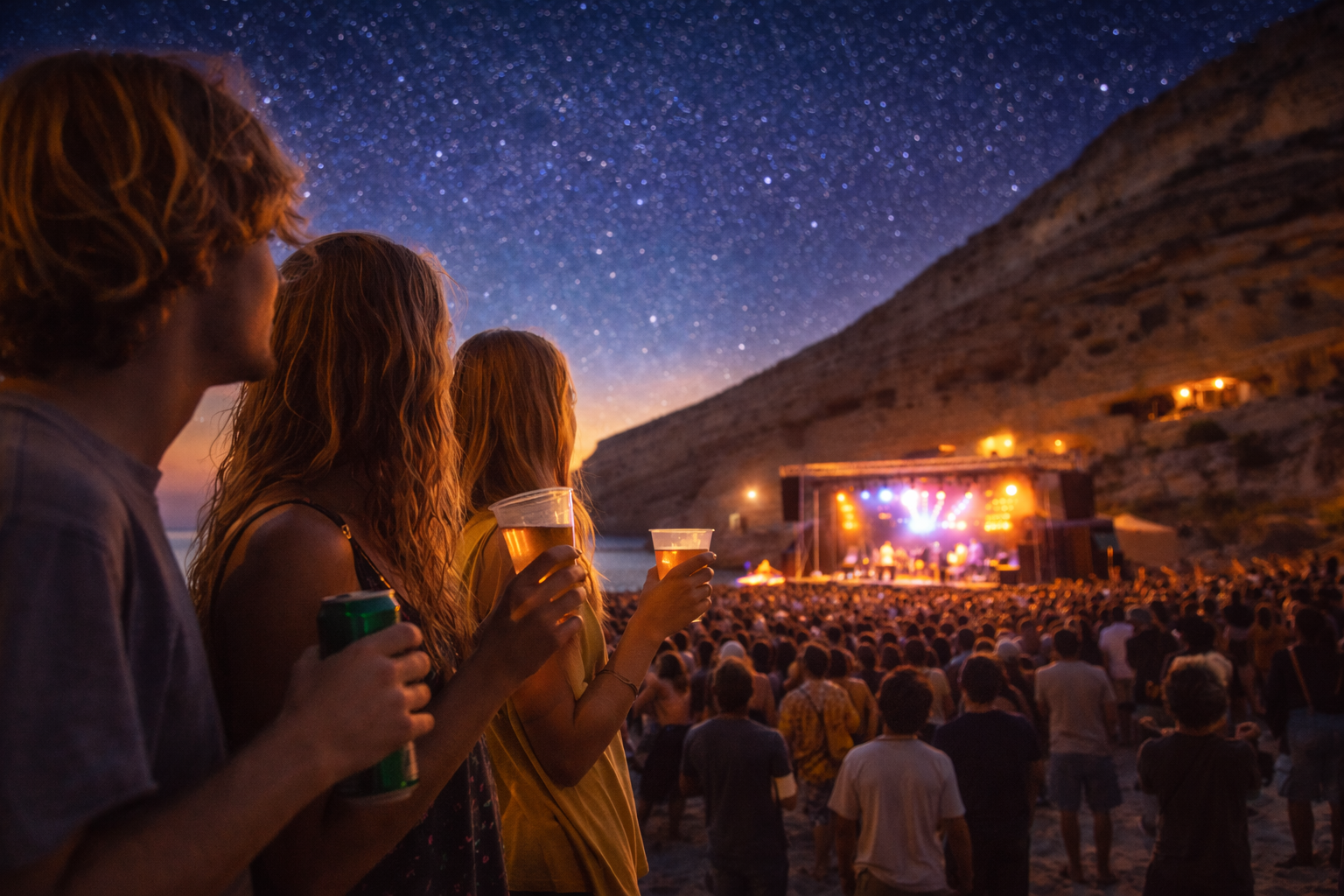 Crowd watching live music at Matala Beach Festival in Crete at night, with stage lights, drinks in hand, and cliffs under a starry sky