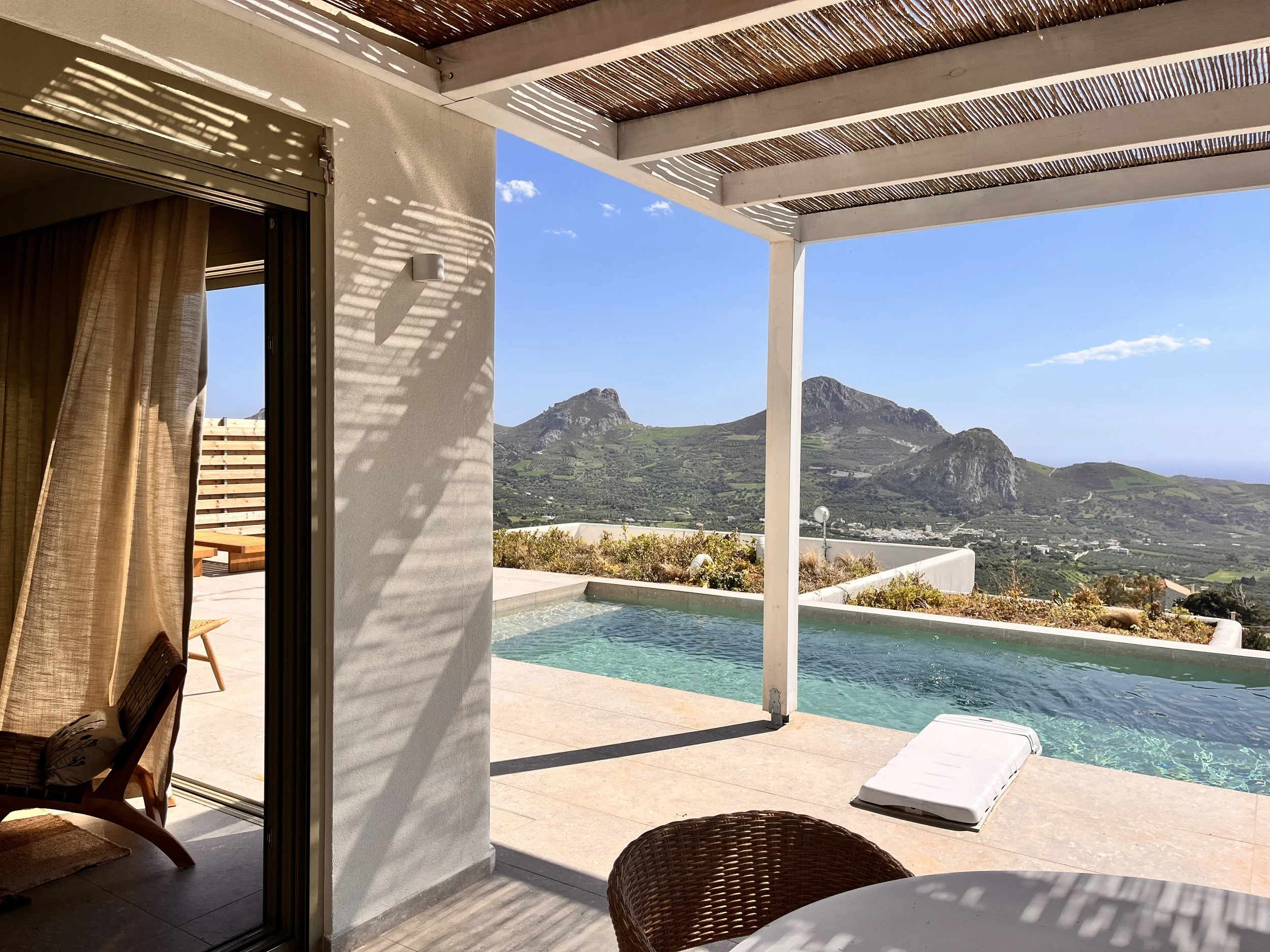 Private pool and shaded terrace at Villa Sto Lofo overlooking the Plakias Valley, South Crete
