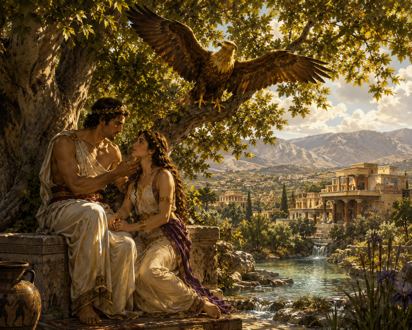 Mythological depiction of Europa and Zeus beneath the sacred evergreen plane tree of Gortyn beside the River Lethaeus, where the future kings of Minoan Crete were conceived according to legend.