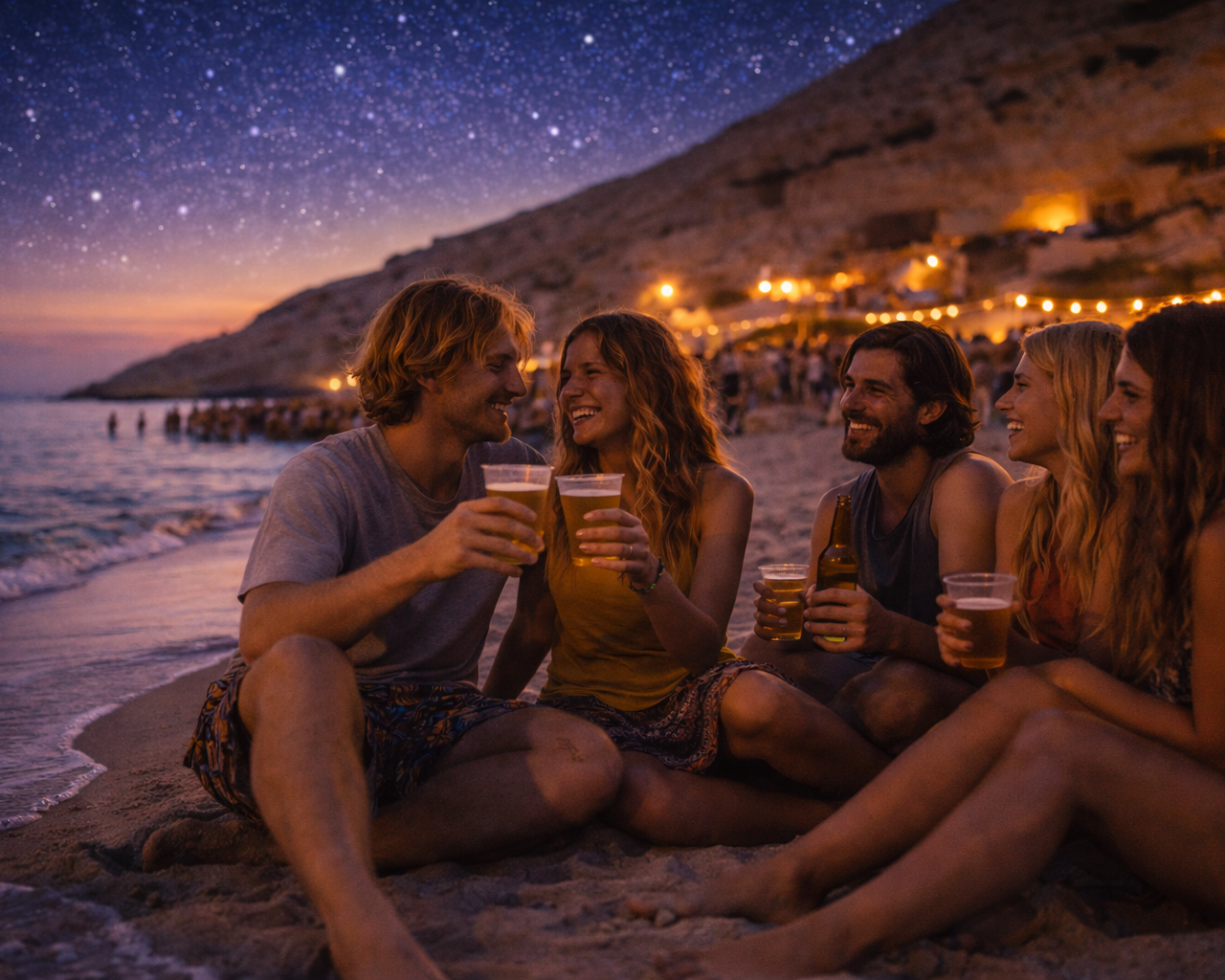 Group of friends sitting on the beach at night during Matala Beach Festival in Crete, drinking and enjoying the relaxed seaside atmosphere under a starry sky