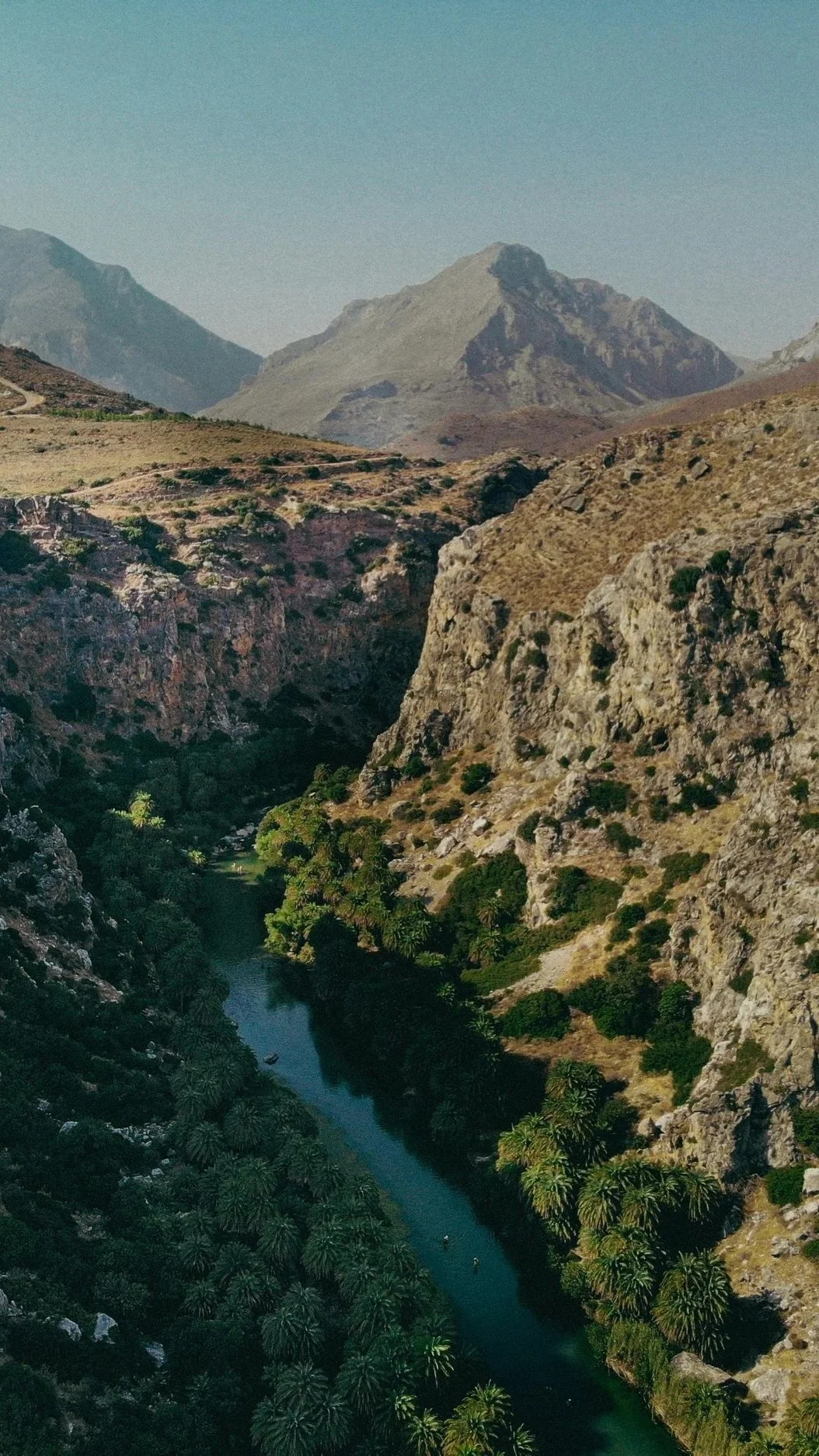 Aerial view of Kourtaliotiko Gorge in South Crete towards Preveli.