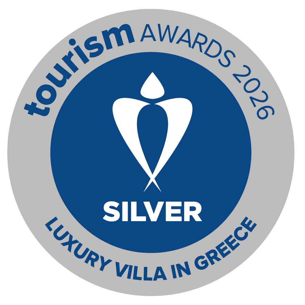 Tourism Awards 2026 Silver Luxury Villa in Greece badge with blue and silver design.