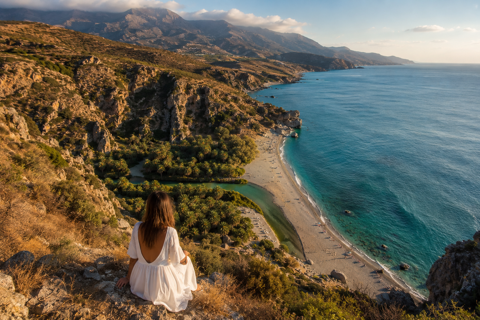 Woman overlooking Preveli Beach and palm river lagoon from cliffside viewpoint in South Crete, Greece.