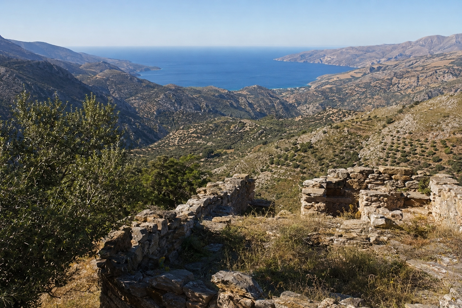 Ancient stone ruins in the mountains of South Crete with panoramic views toward the Libyan Sea near Agios Ioannis and Saktouria.