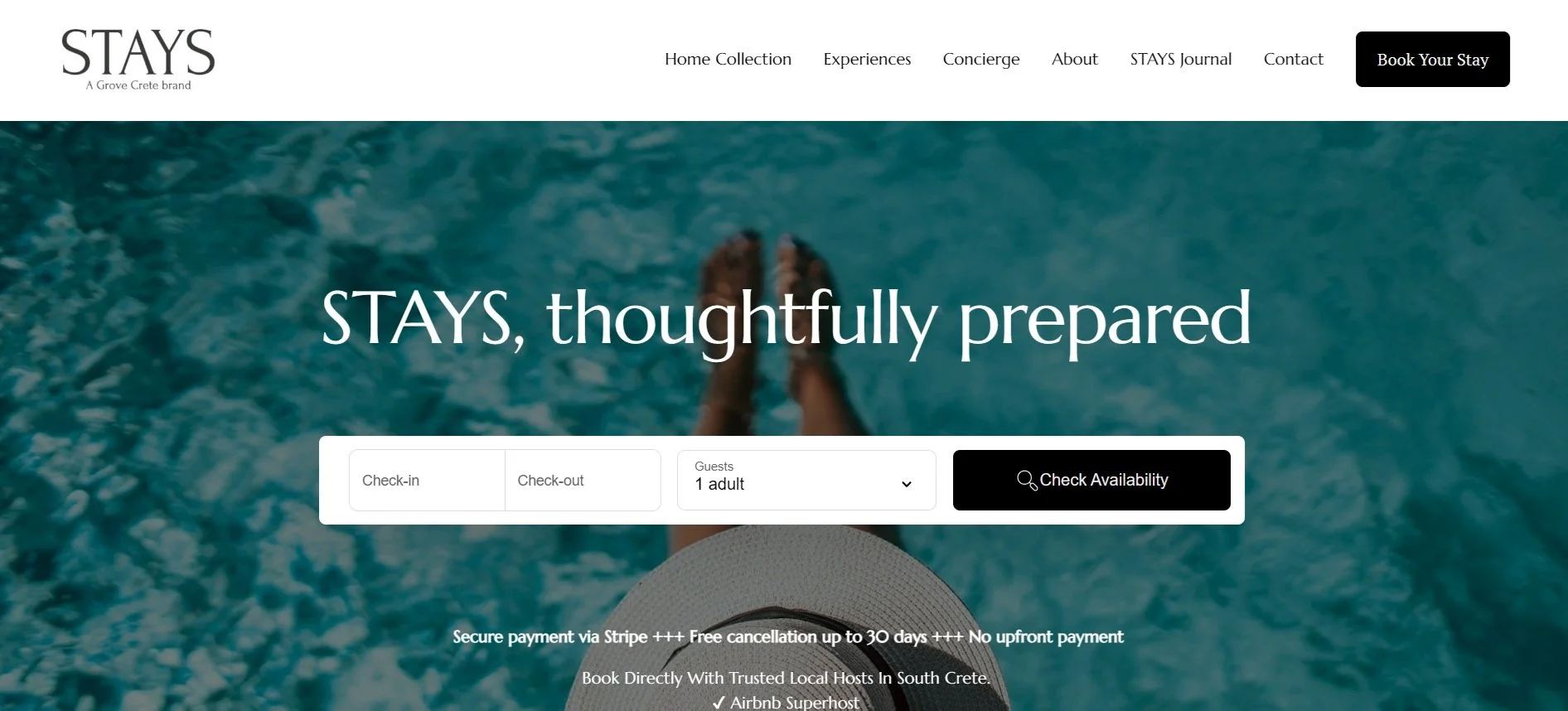 Screenshot of the homepage of the STAYS by The Grove Crete direct booking website.