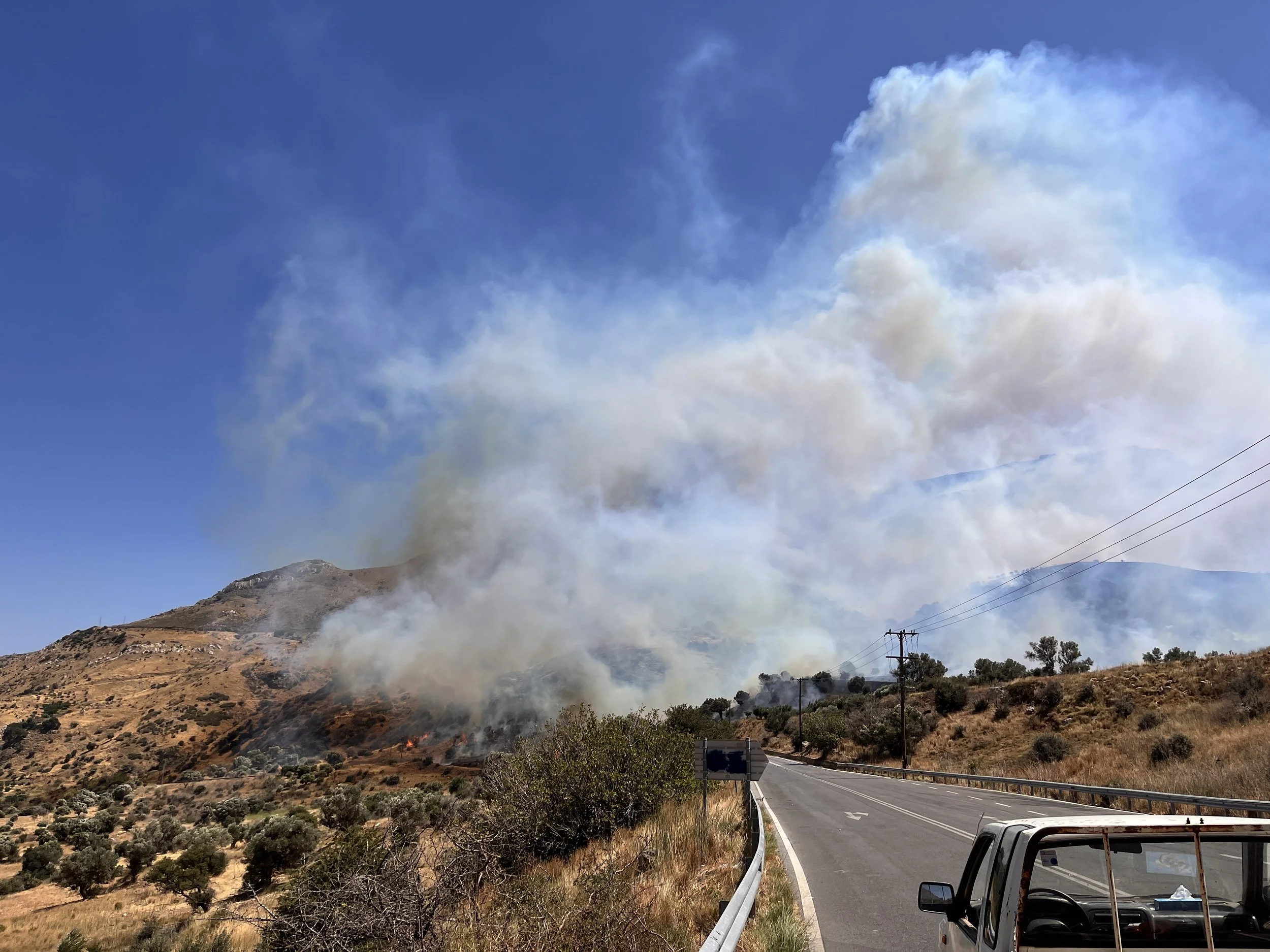 Smoke and fire at Krya Vrisi at the start of the wildfires that destroyed parts of South Crete between Agia Galini and Preveli