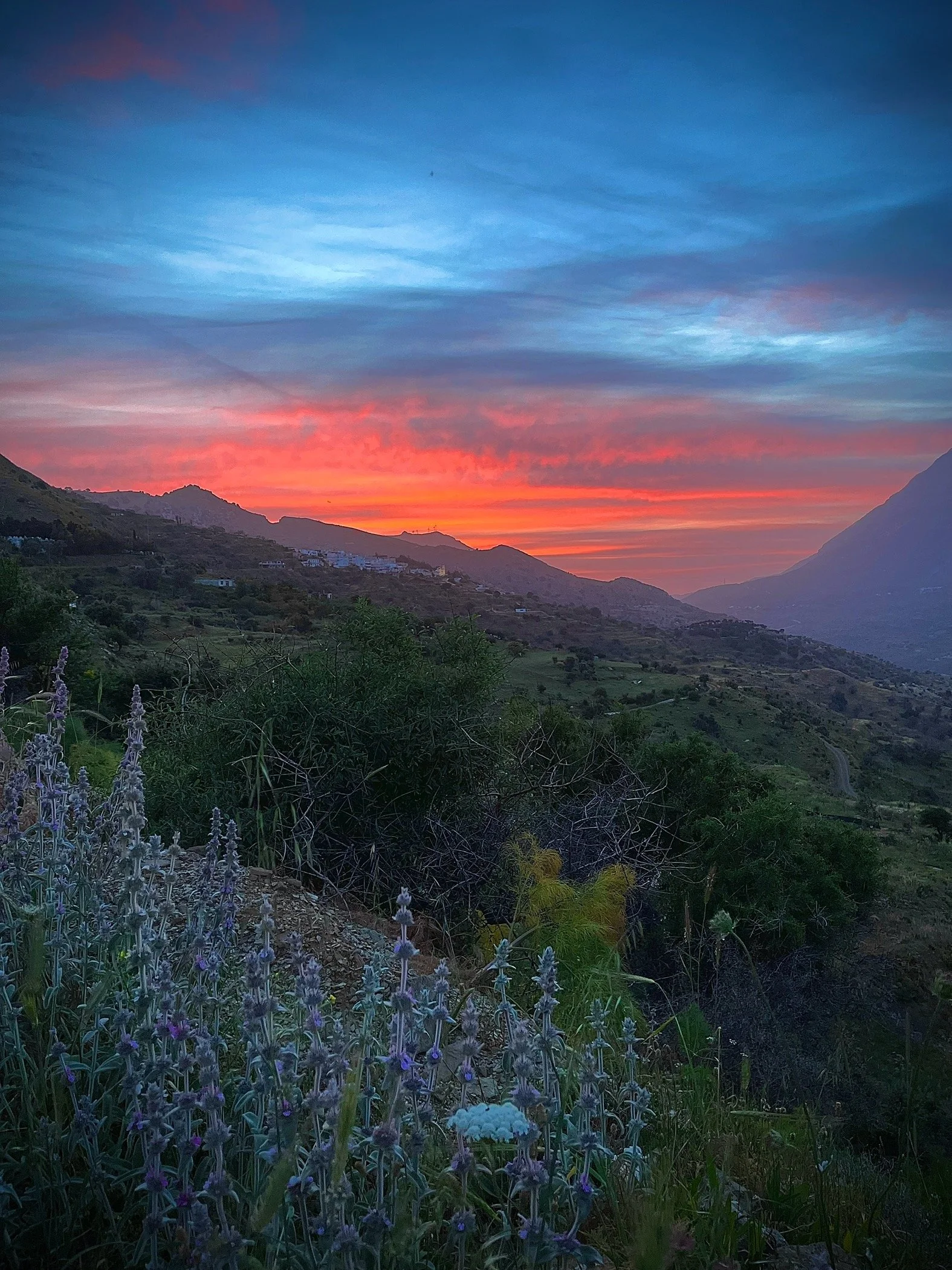 Sunset over the mountains and valley near Melambes, South Crete