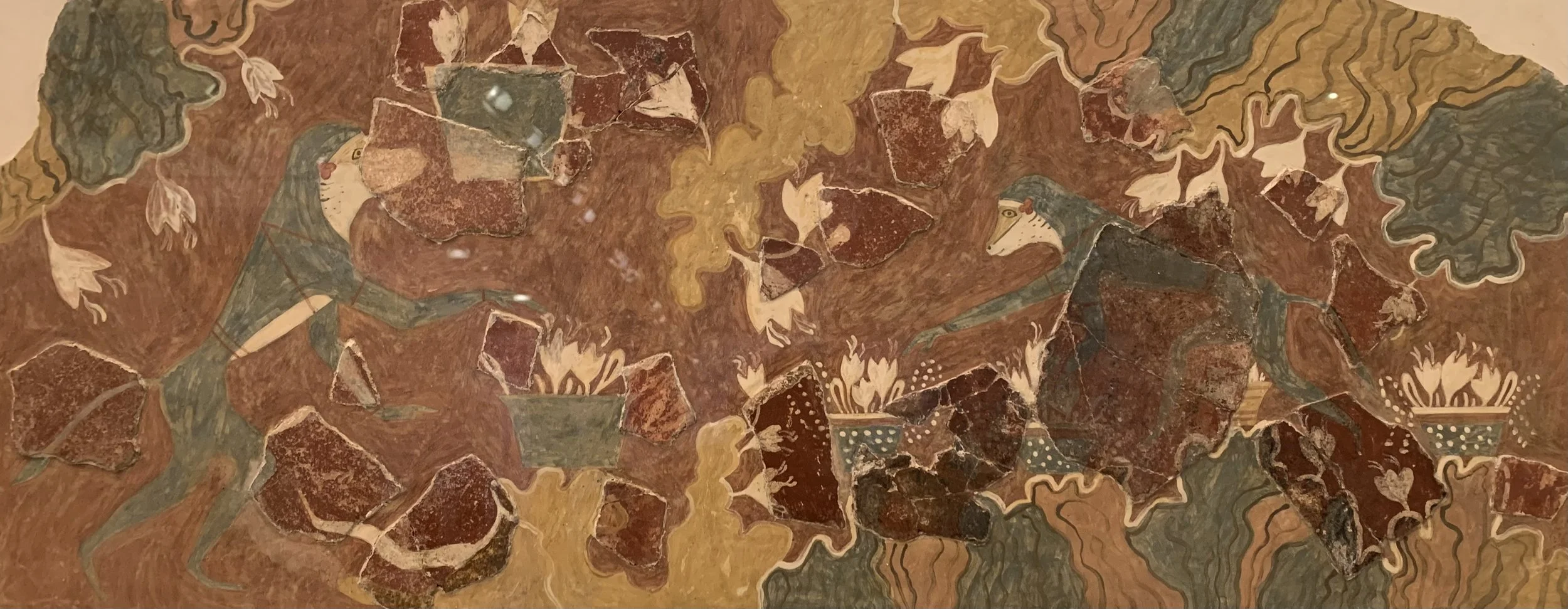 Blue Monkey fresco from Knossos, formerly interpreted by Arthur Evans as a boy gathering saffron, displayed at the Archaeological Museum of Heraklion.