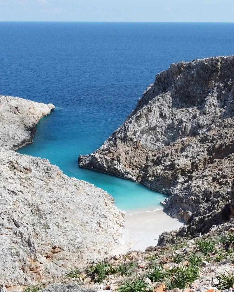 Seitan Limani Beach in Crete, a narrow cove with turquoise water