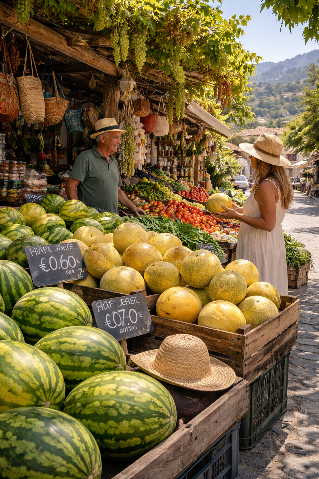 Woman buying a honey melon from a streetside stall in South Crete