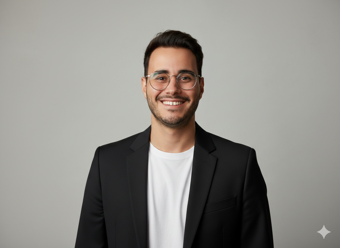 Portrait of a smiling man with dark hair, wearing glasses, a black blazer, and a white t-shirt, against a plain light grey background.