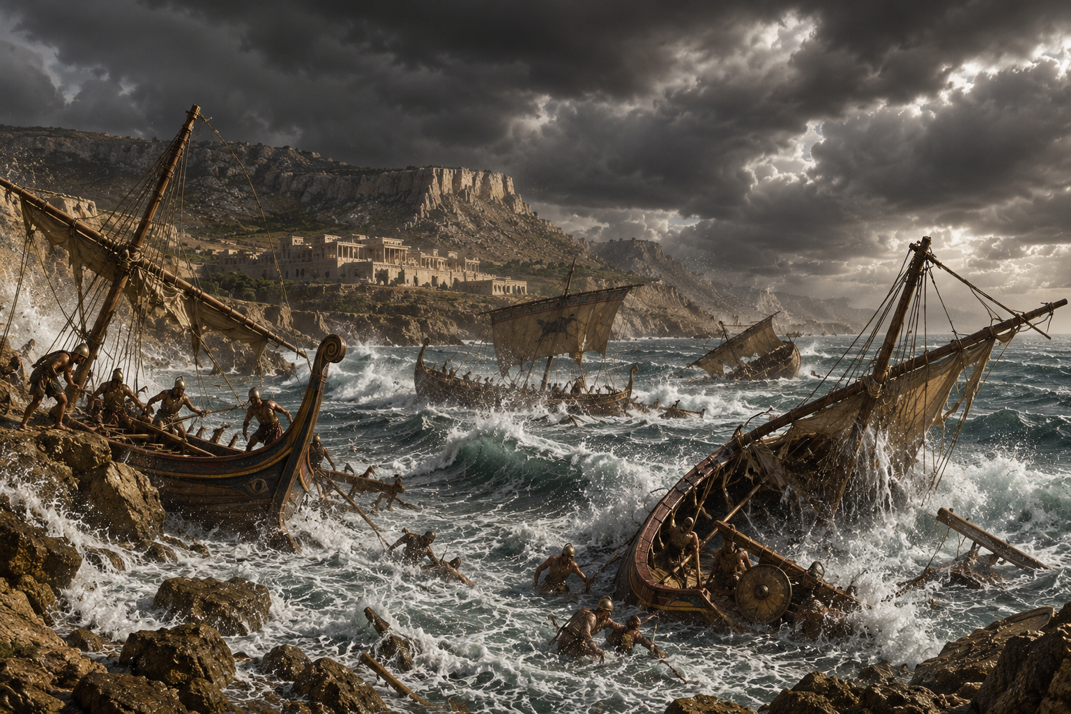 Menelaus' fleet battling a storm and shipwrecking on the rocky coast of South Crete in Homer's Odyssey.