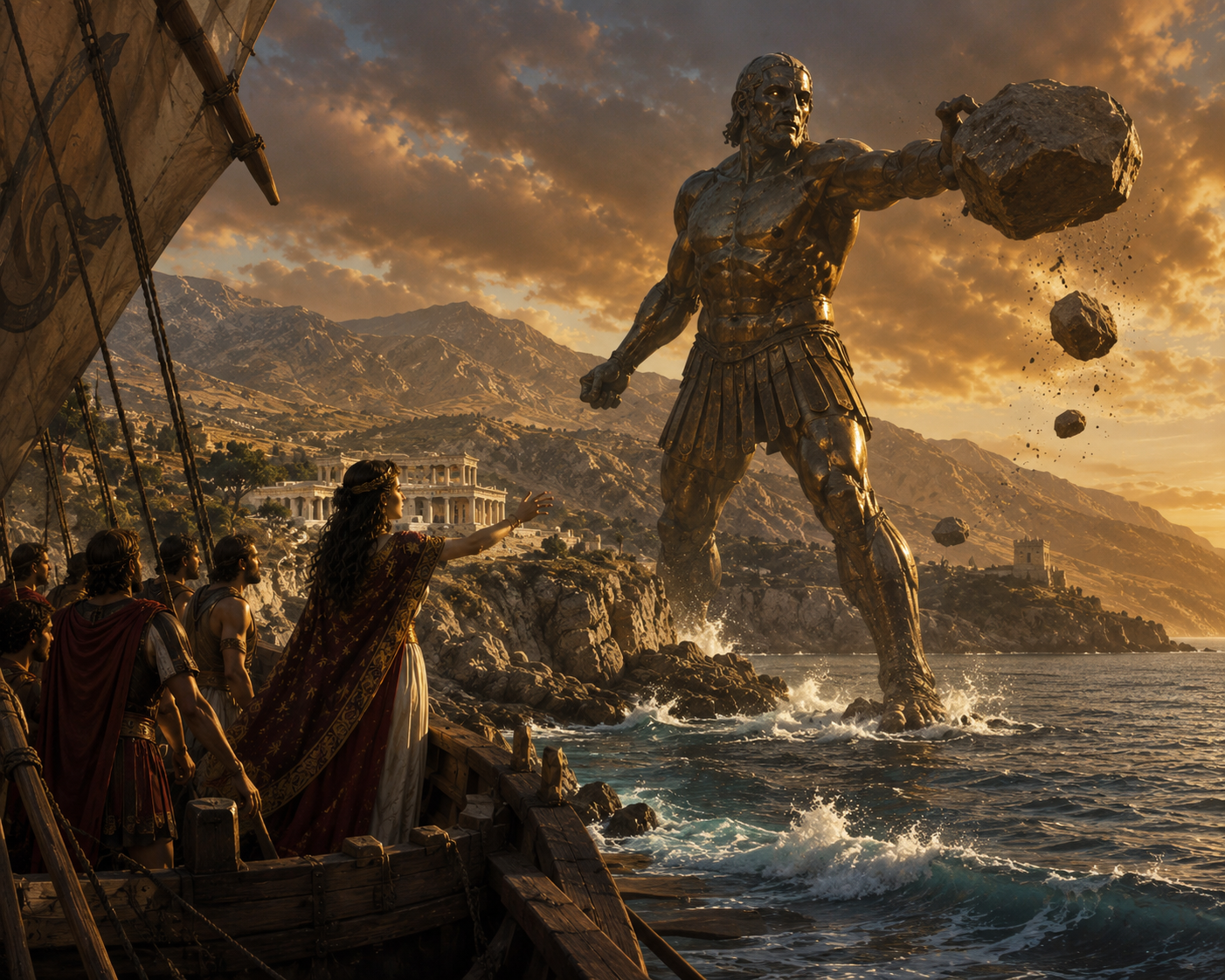 Bronze giant Talos hurls boulders at approaching ships from the rocky coast of Crete as Medea and the Argonauts watch from the deck of the Argo.
