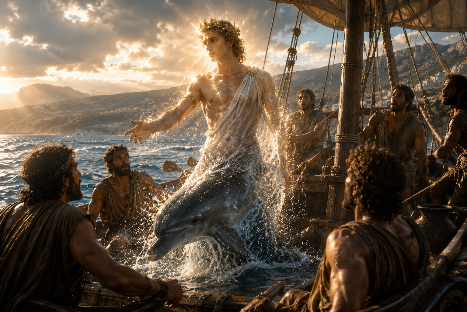 Apollo transforming from a dolphin aboard a Bronze Age Cretan ship while astonished sailors watch at sea.