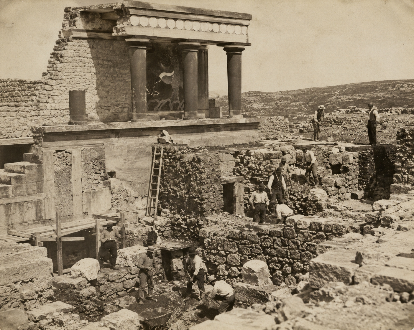 Historic photograph of archaeological excavations at Knossos during the early twentieth century, revealing parts of the Minoan palace complex.