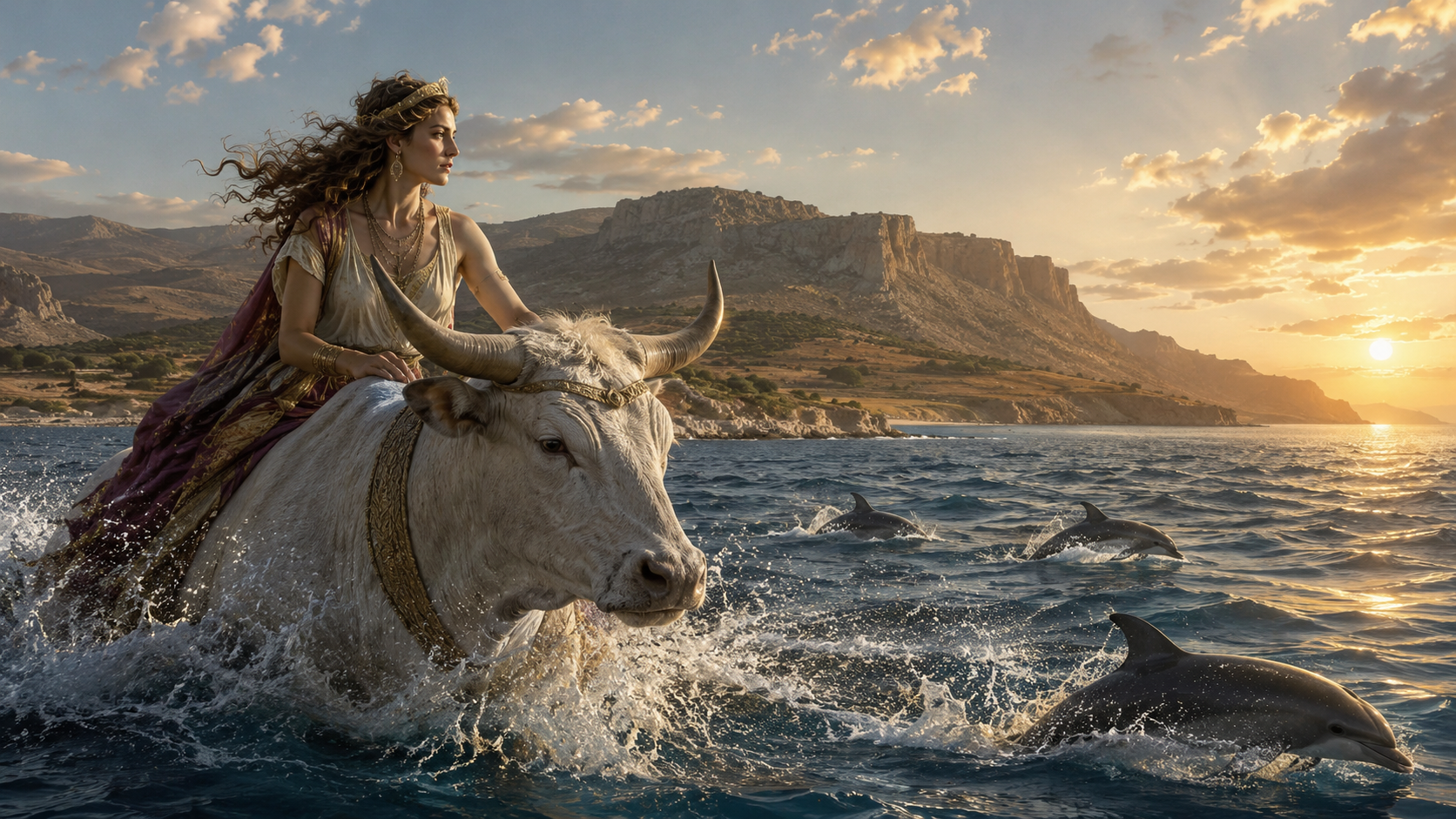 Europa riding Zeus in the form of a white bull across the Libyan Sea towards the coast of South Crete at sunset.