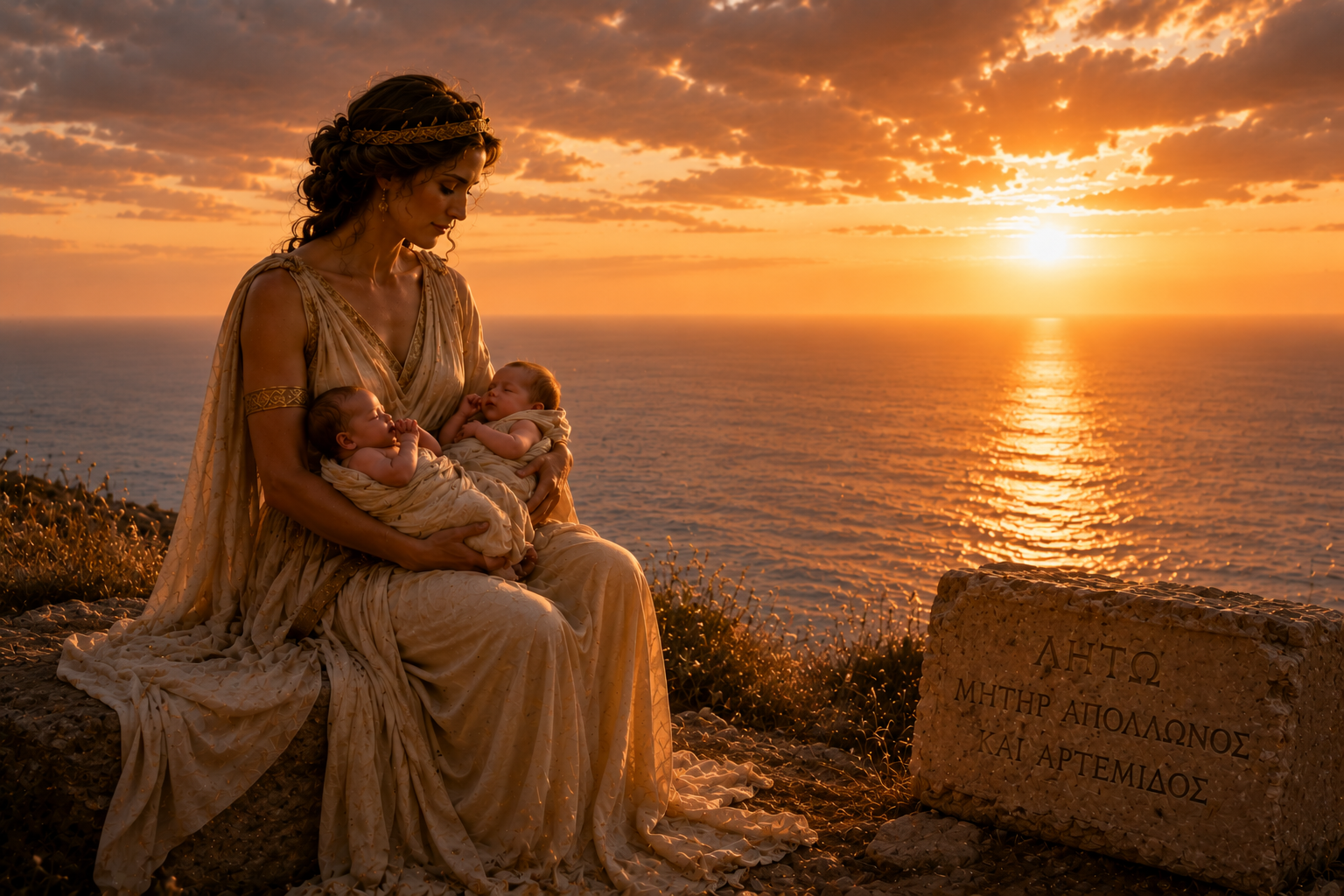 Leto holding the newborn twins Apollo and Artemis above the Libyan Sea in a South Cretan mythological scene.
