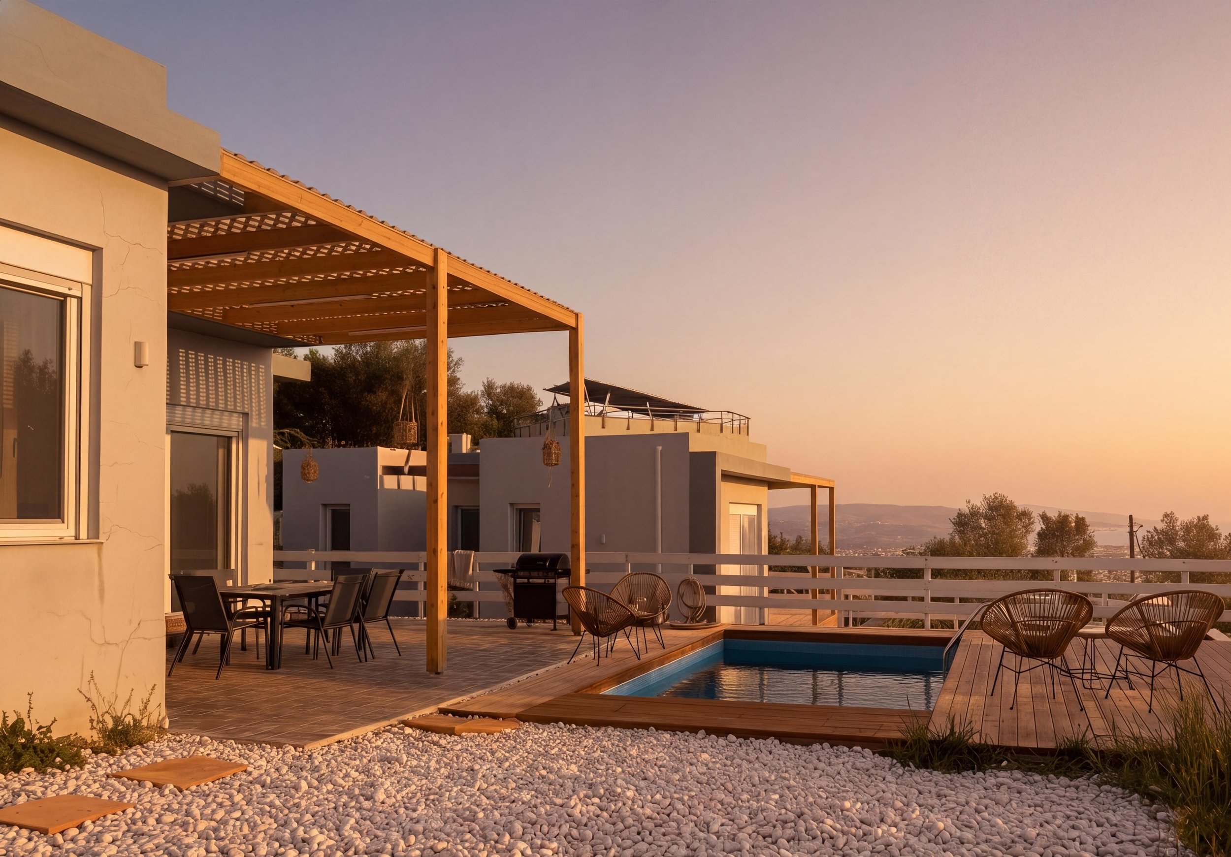 Klima Breeze villa in South Crete with private pool, terrace, dining area and sea views near Timbaki during sunset.