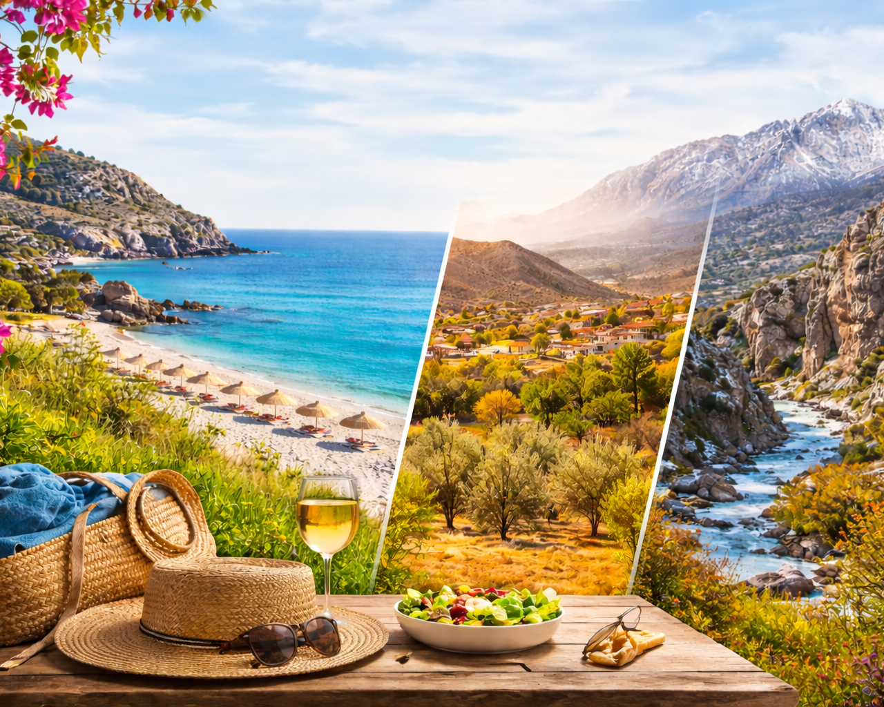 Panoramic view representing different seasons in South Crete with beach, olive groves, mountain village and gorge landscape
