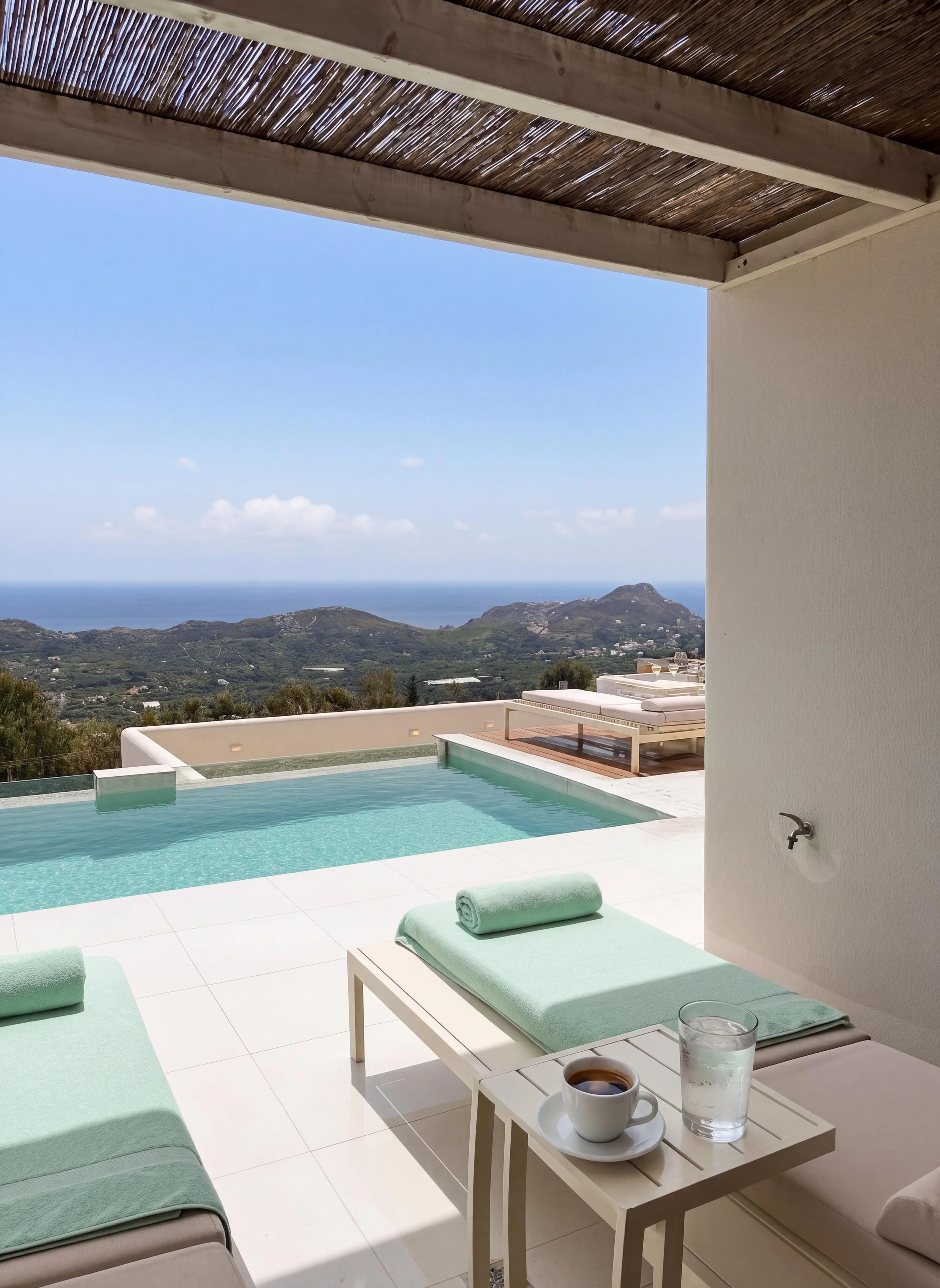 Private pool terrace at Aitherion villa overlooking the Plakias Valley in South Crete
