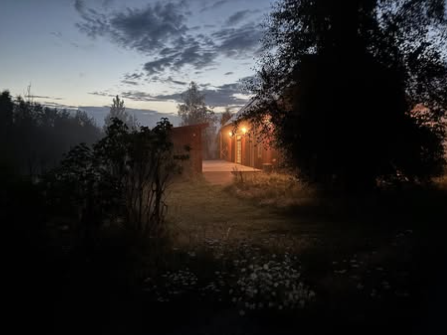 Ein abendliches Bild einer Hausumgebung mit Straßenlaternen, umgeben von Bäumen und einer dunklen Himmel mit Wolken.