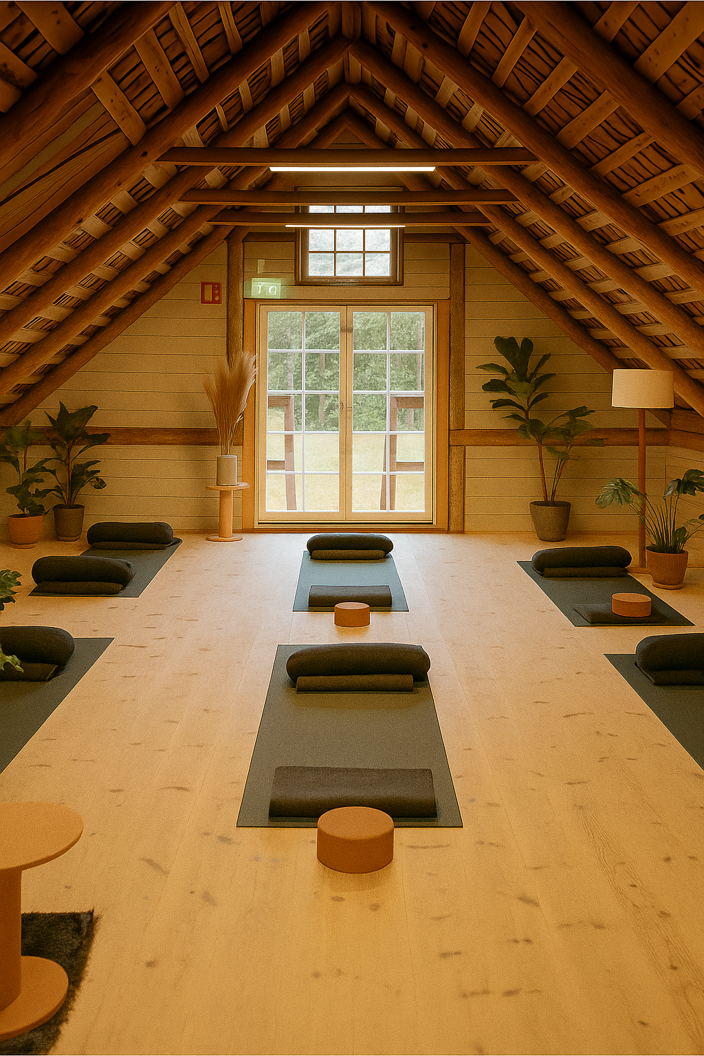 Ein gemütlicher Yoga-Raum im Dachgeschoss mit Holzdecke, großen Fenstern und Yoga-Matten auf dem Boden, umgeben von Pflanzen.