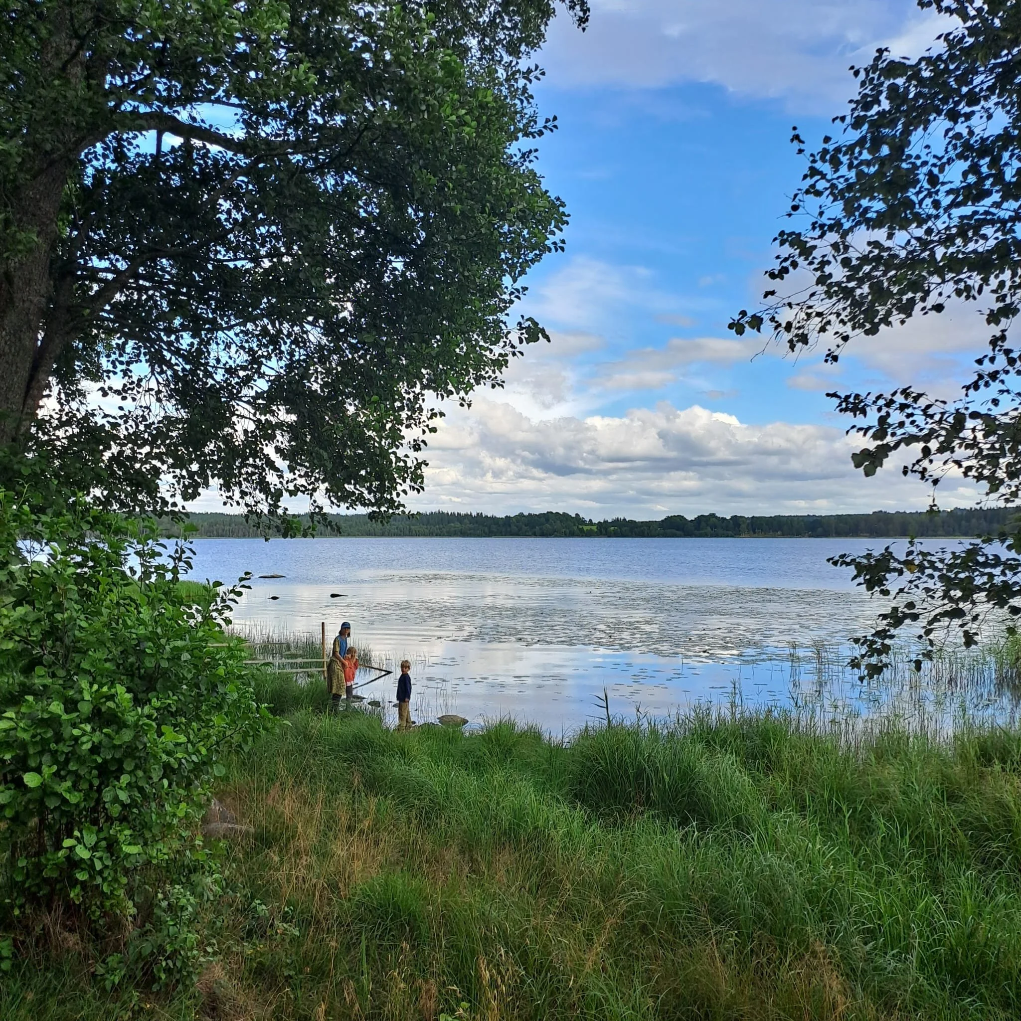Ein idyllischer See mit drei Personen, die am Ufer angeln, umgeben von grünen Bäumen und Gras, unter einem Himmel mit Wolken.