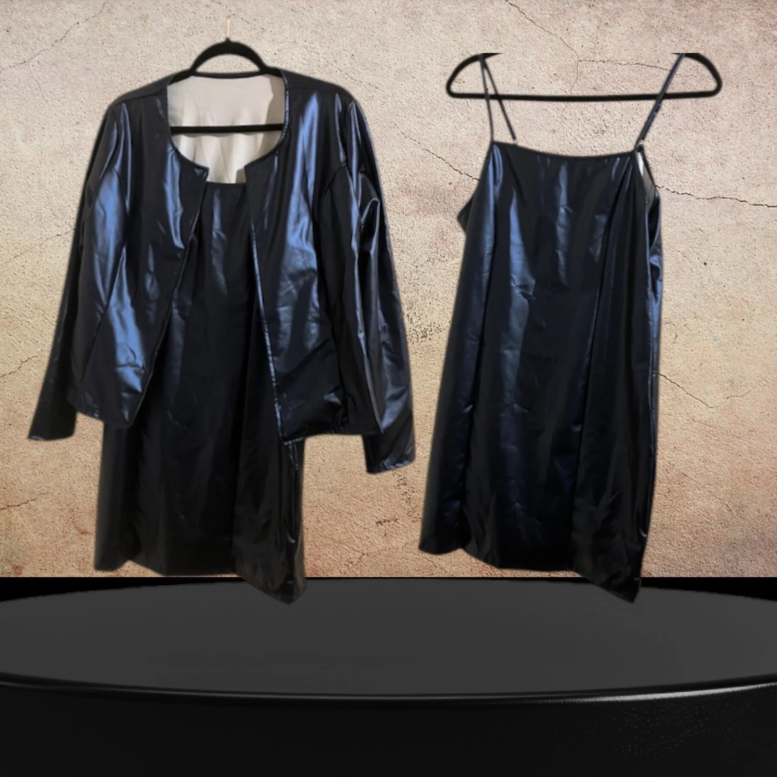 A Black Faux-Leather Dress & Jacket Set