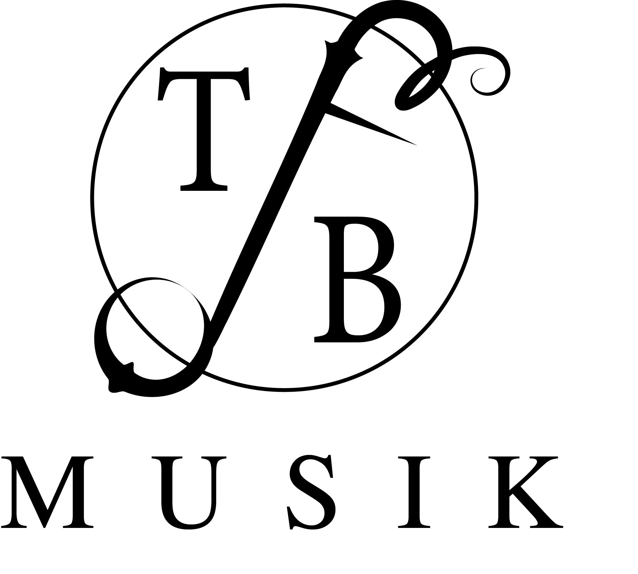 A black and white logo with a stylized letter 'F' and circle, the 'F' crossing the circle diagonally, with 'T' and 'B' inside the circle, and 'MUSIK' written below.
