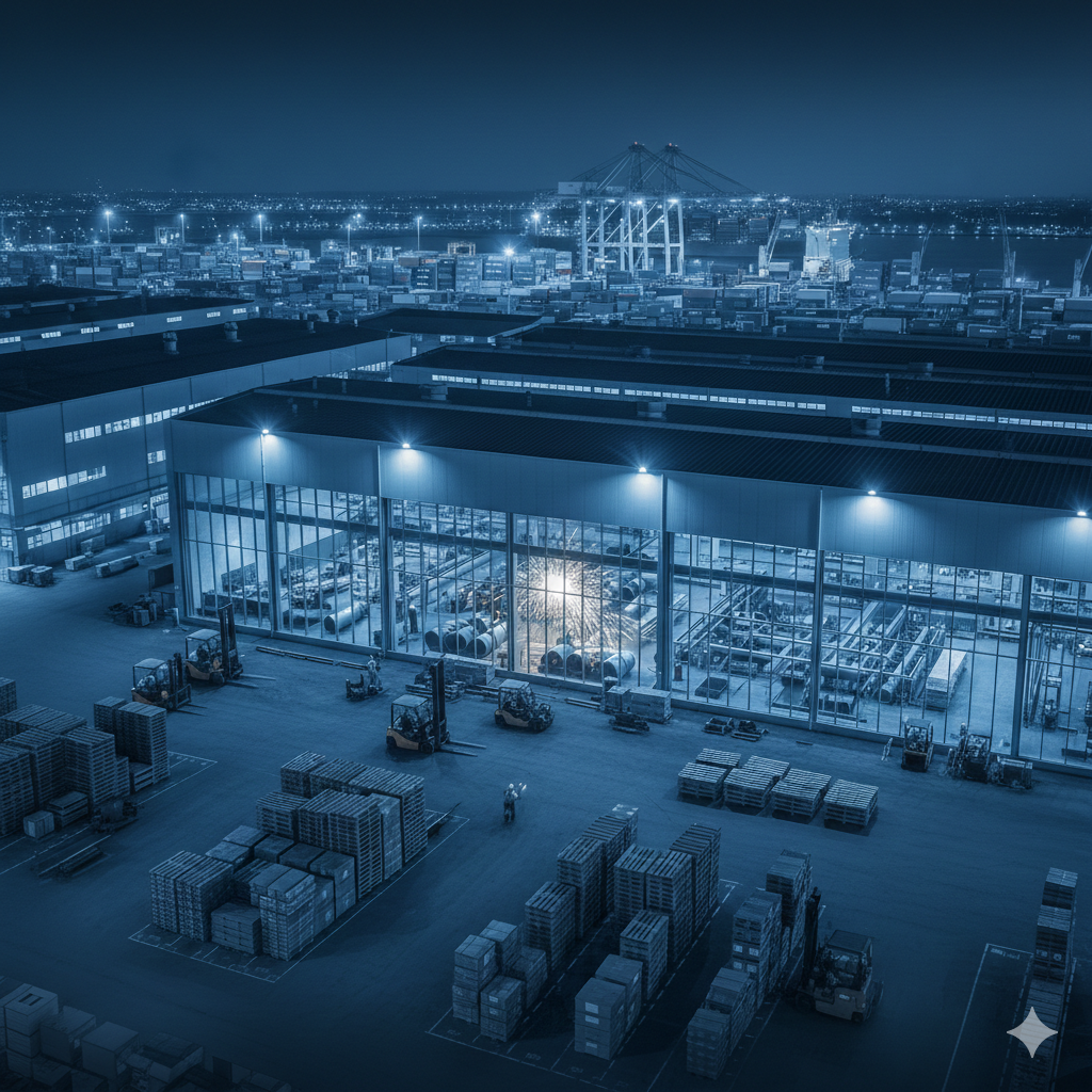 Aerial view of a large warehouse and storage facility at night, with trucks, pallets, and containers visible, and a harbor with cranes in the background.