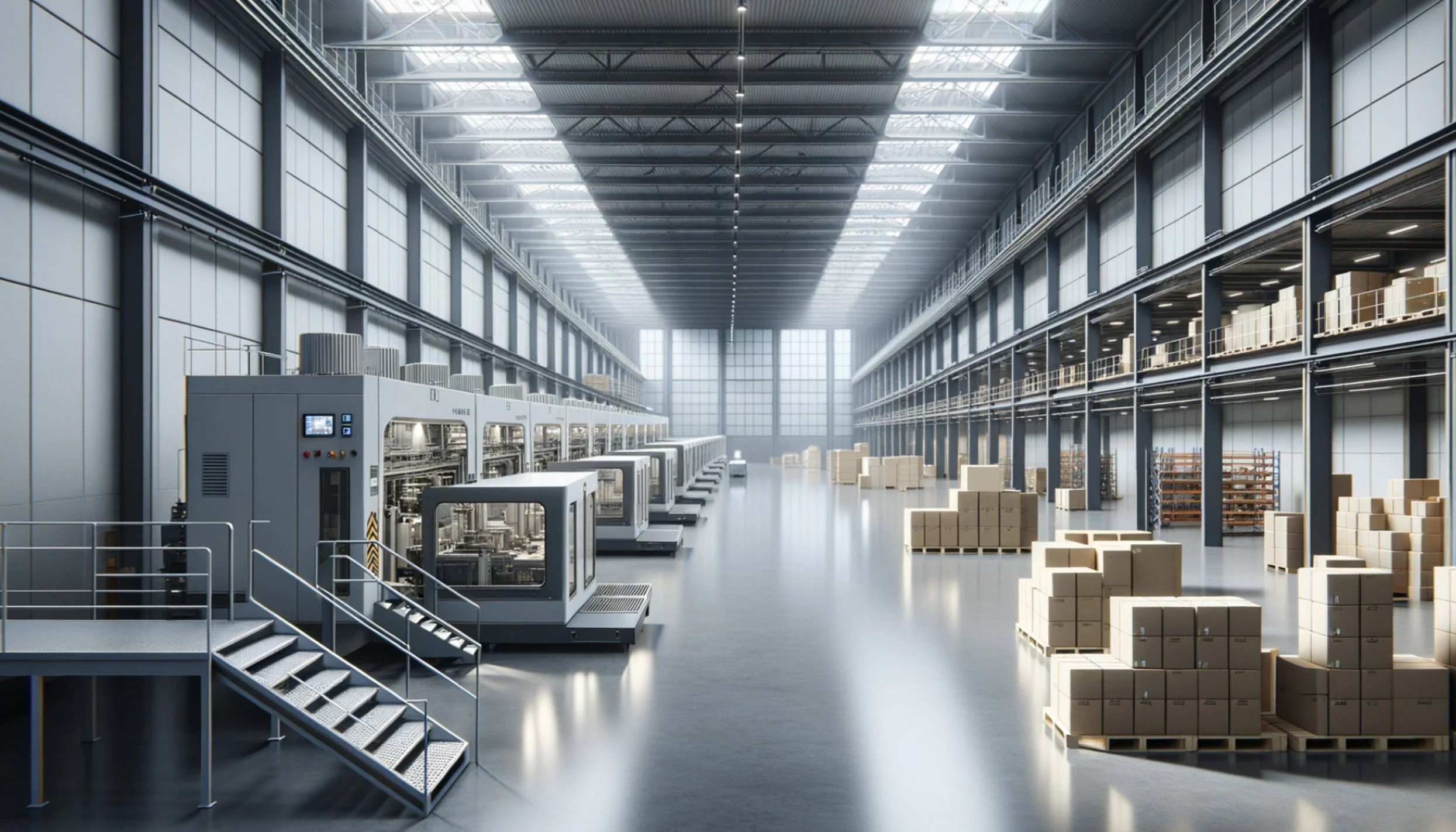 Large modern warehouse with high ceilings, rows of industrial machines on the left, shelving units on the right, and stacks of boxes on pallets in the foreground.