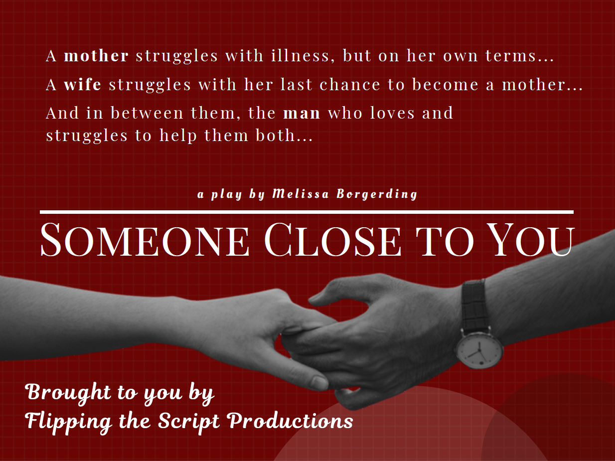 Title card for the play "Someone Close to You" showing two hands reaching toward each other, one male and one female, against a red background with a grid pattern.