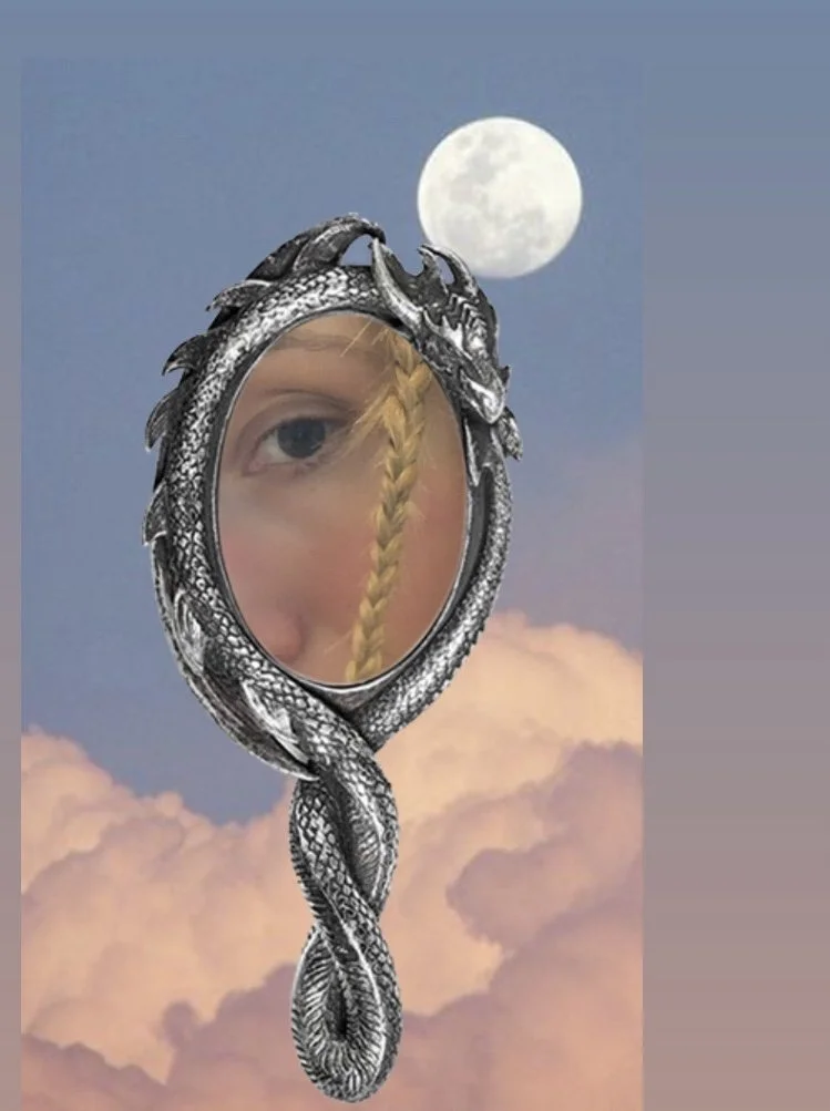 An ornate mirror with a silver dragon frame, reflecting a person's eye and a braid of blonde hair, set against a sky background with clouds and a full moon.