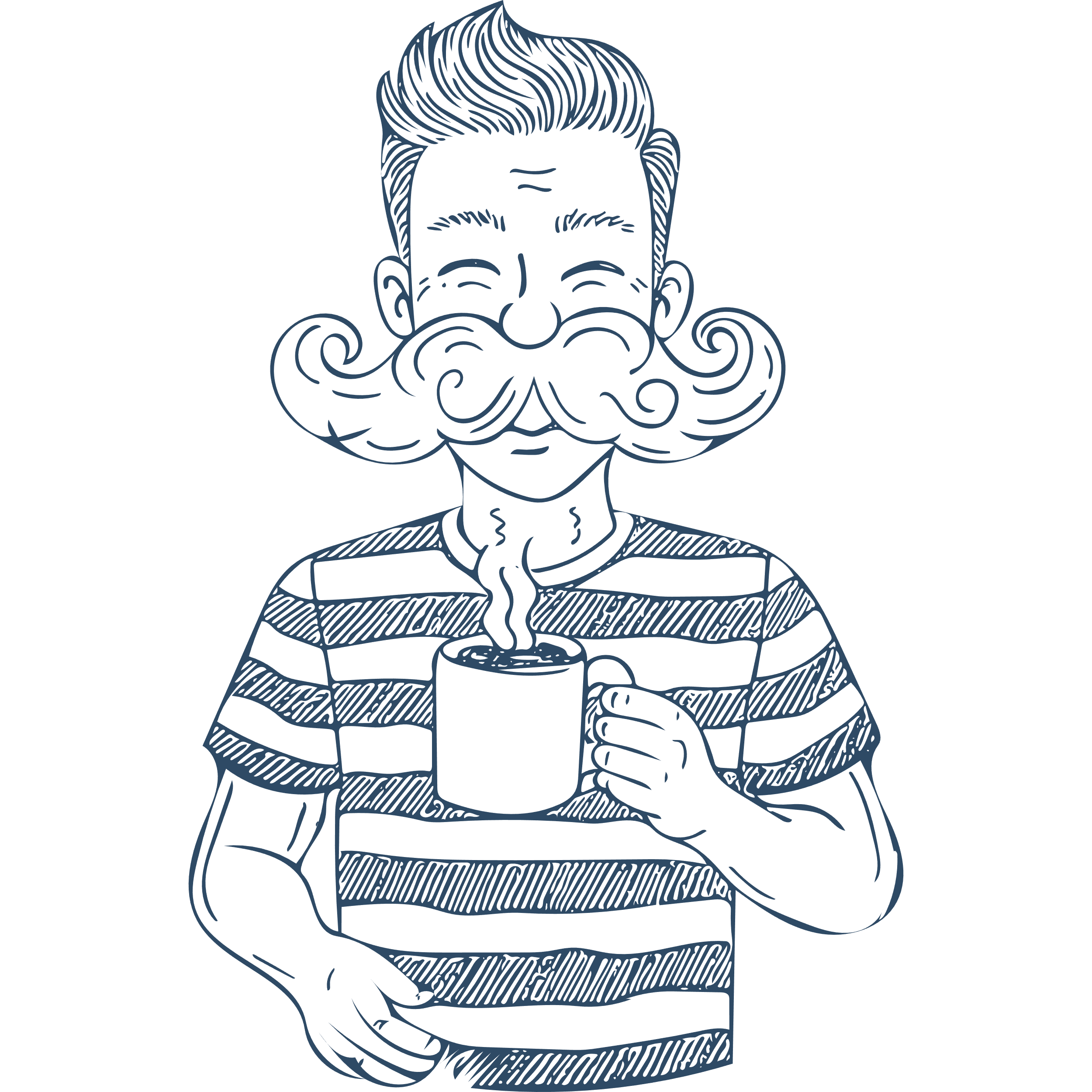 Line art illustration of a man with styled hair and a large, curled mustache, smiling with eyes closed, holding a steaming cup of coffee or hot beverage, wearing a striped shirt.