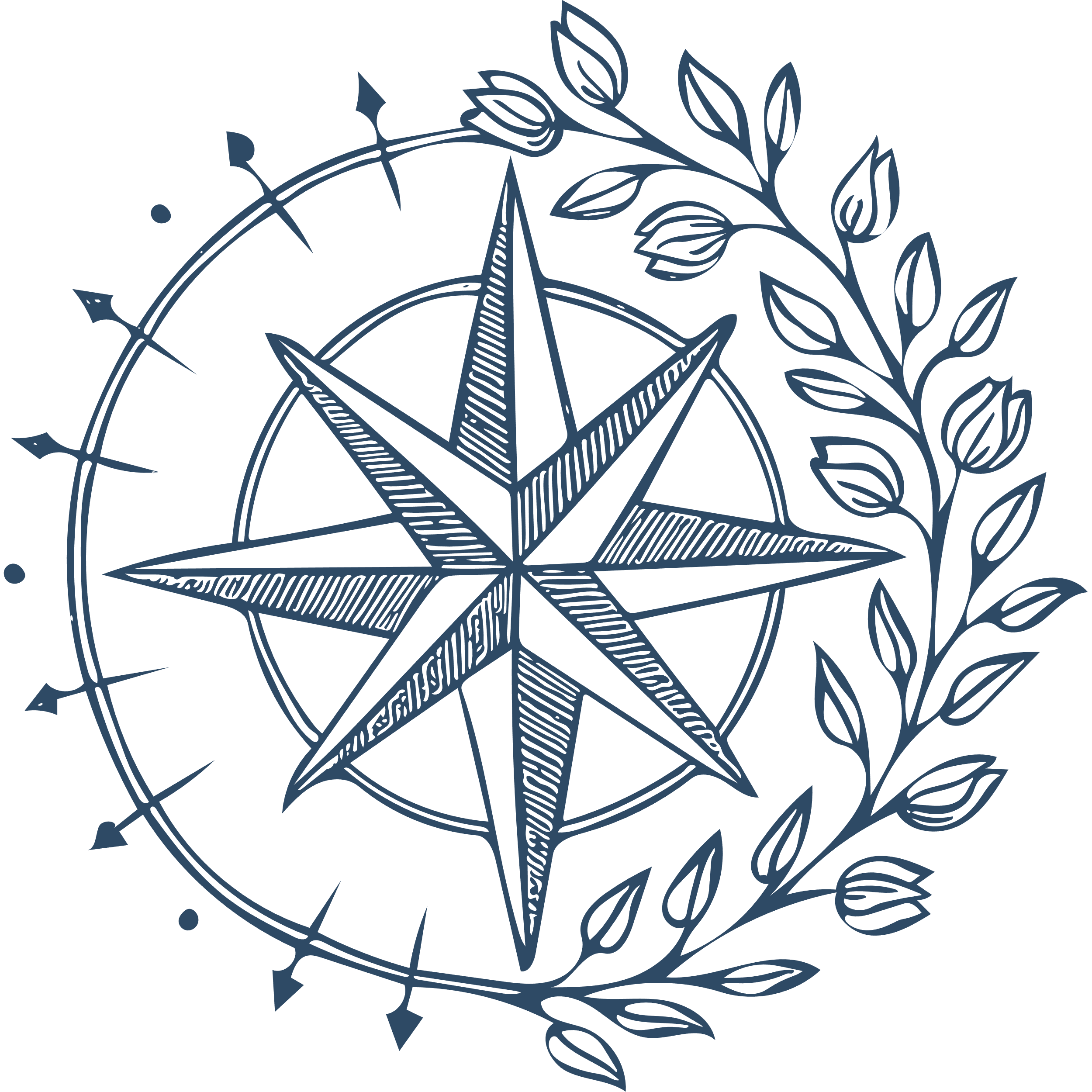 Nattsvart bakgrund med en blå kompassros och en kvist med blad på höger sida.